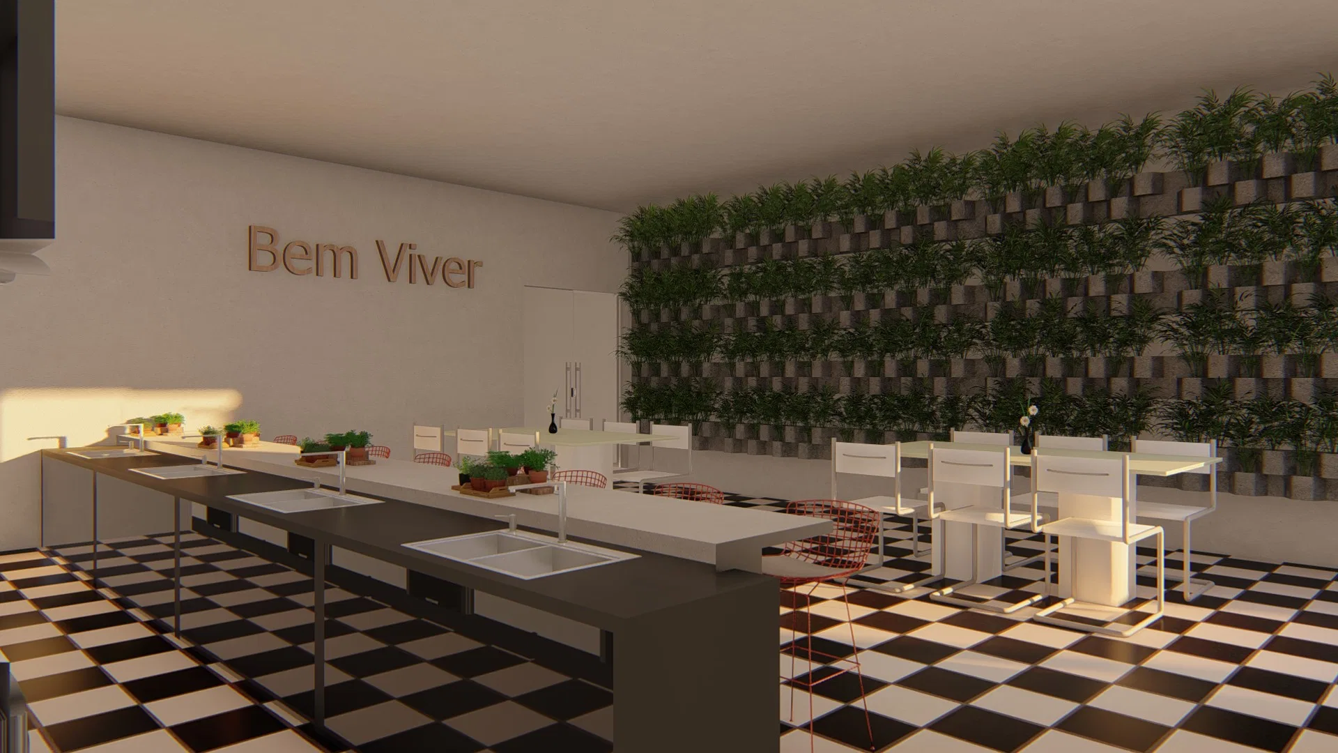 Espaço gourmet com bancadas e cubas, piso xadrez preto e branco, parede verde ajardinada e letreiro Bem Viver na parede.