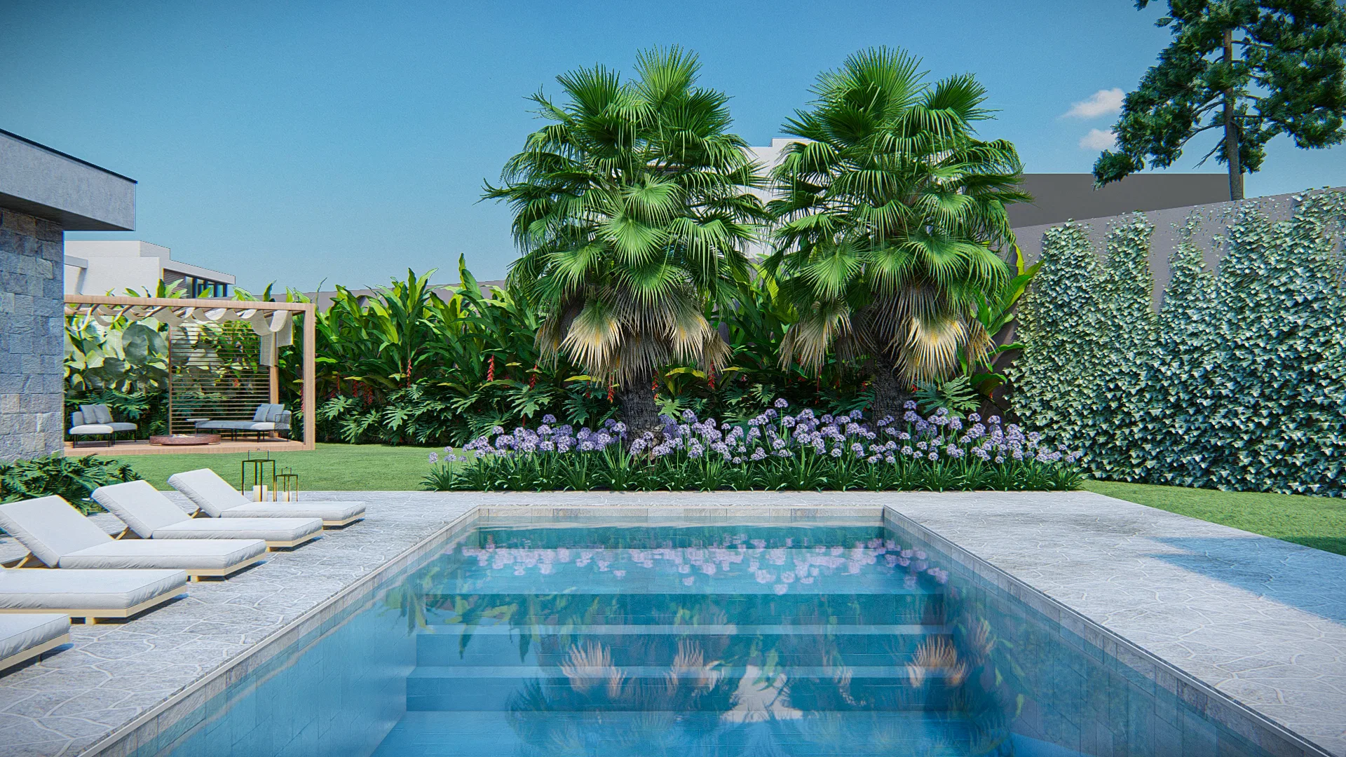 Piscina de águas claras com espreguiçadeiras brancas, palmeiras-leque, canteiro de agapantos e pergolado de madeira com estar ao fundo.