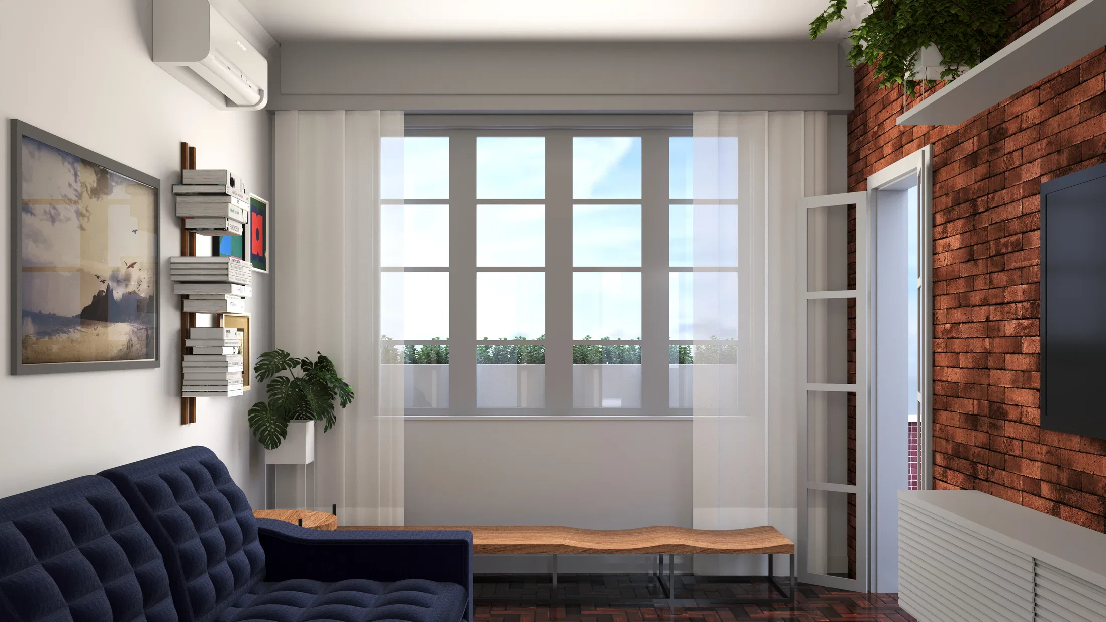 Sala de estar com sofá azul-marinho estofado, cortinas claras, janela de correr e parede em tijolo aparente