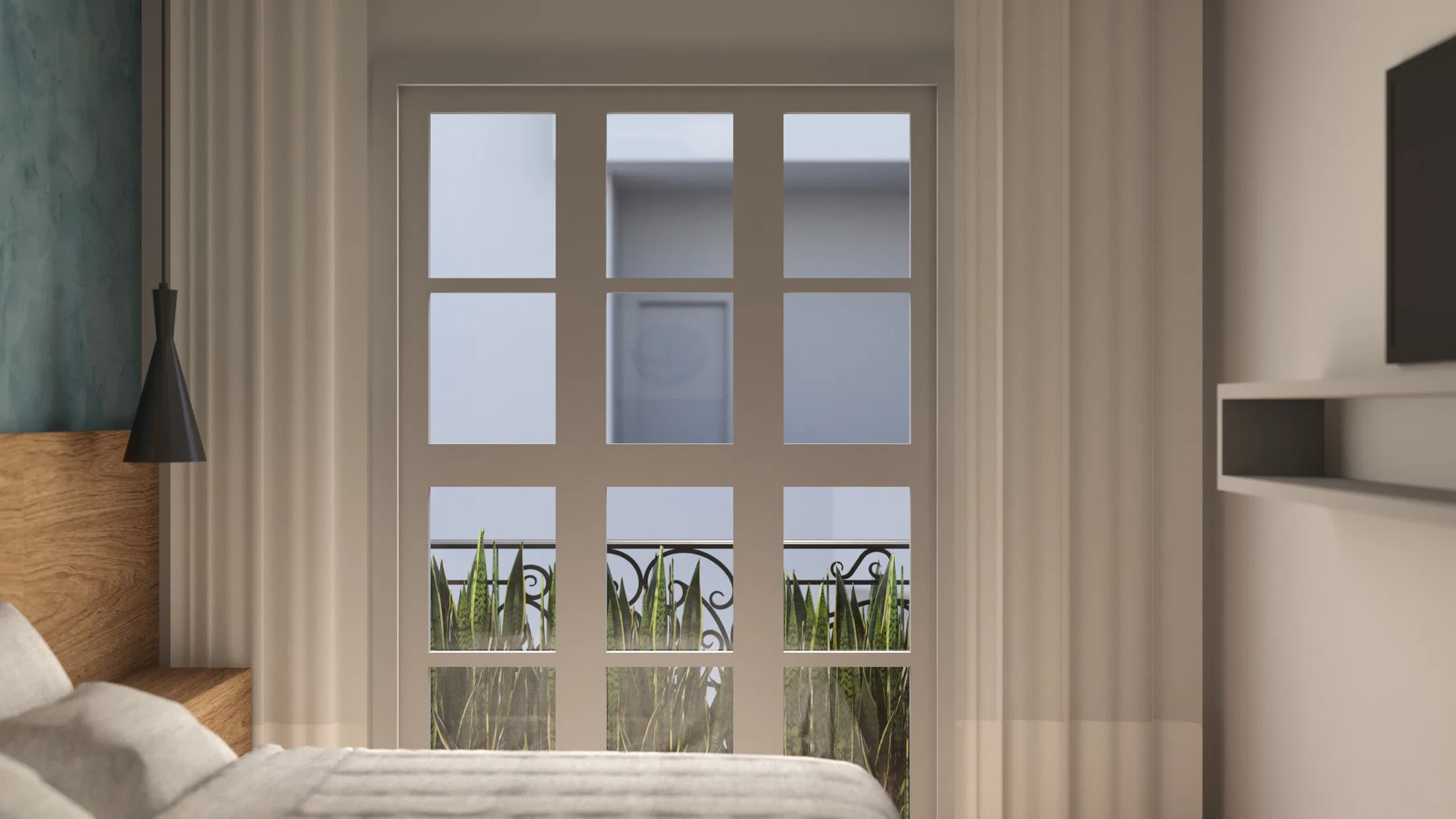 Suíte com cama de cabeceira em madeira e porta balcão emoldurada por cortinas, dando para sacada com vasos