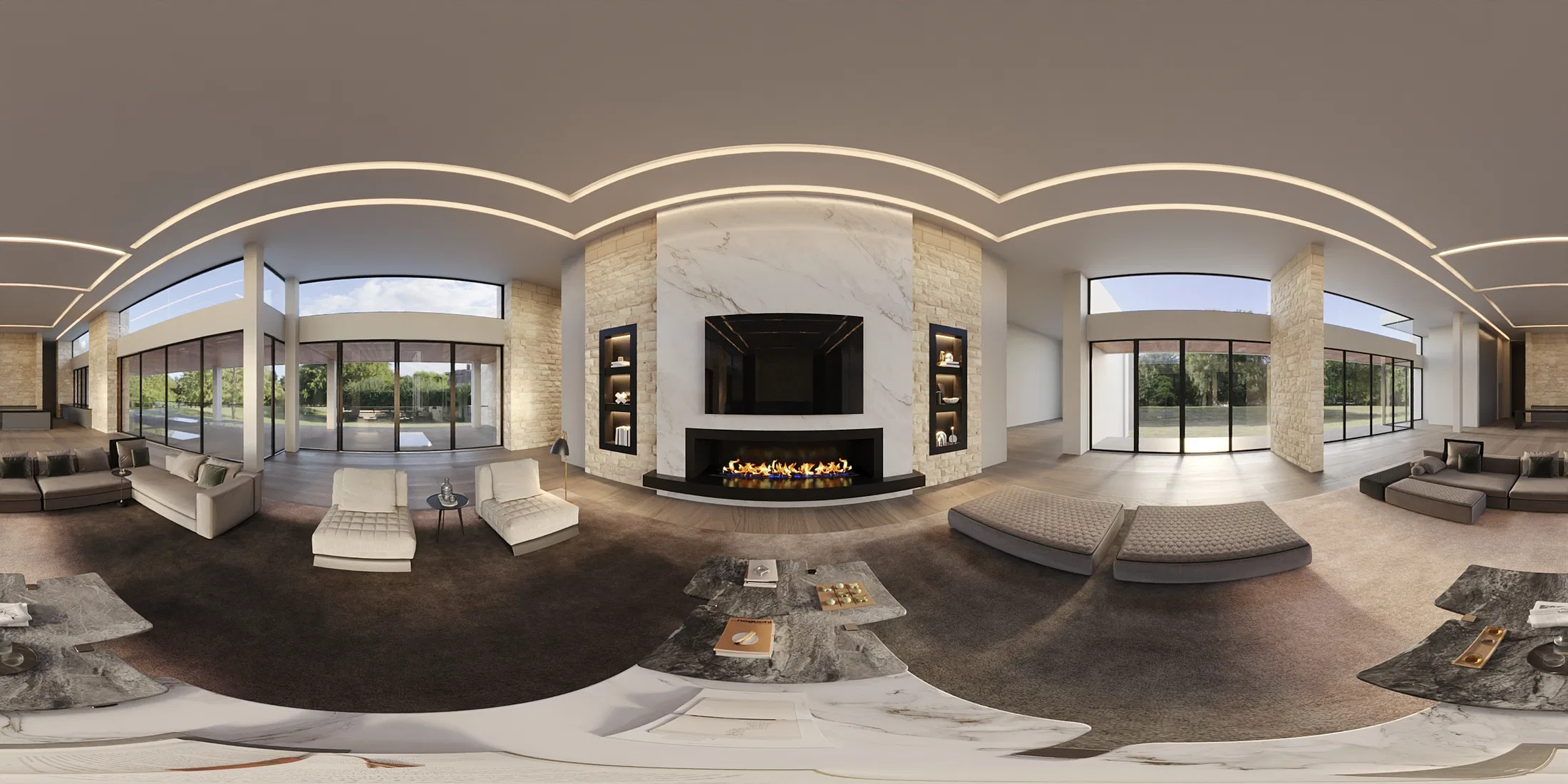 Vista panorâmica de 360 graus da sala de estar, mostrando lareira, área de estar e piscina externa vista através dos vidros
