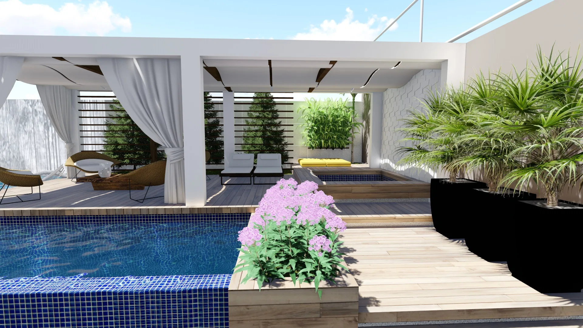 Piscina e deck com pergolado cortinado, floreira de flores cor-de-rosa, vasos pretos com palmeiras e painel de jardim vertical