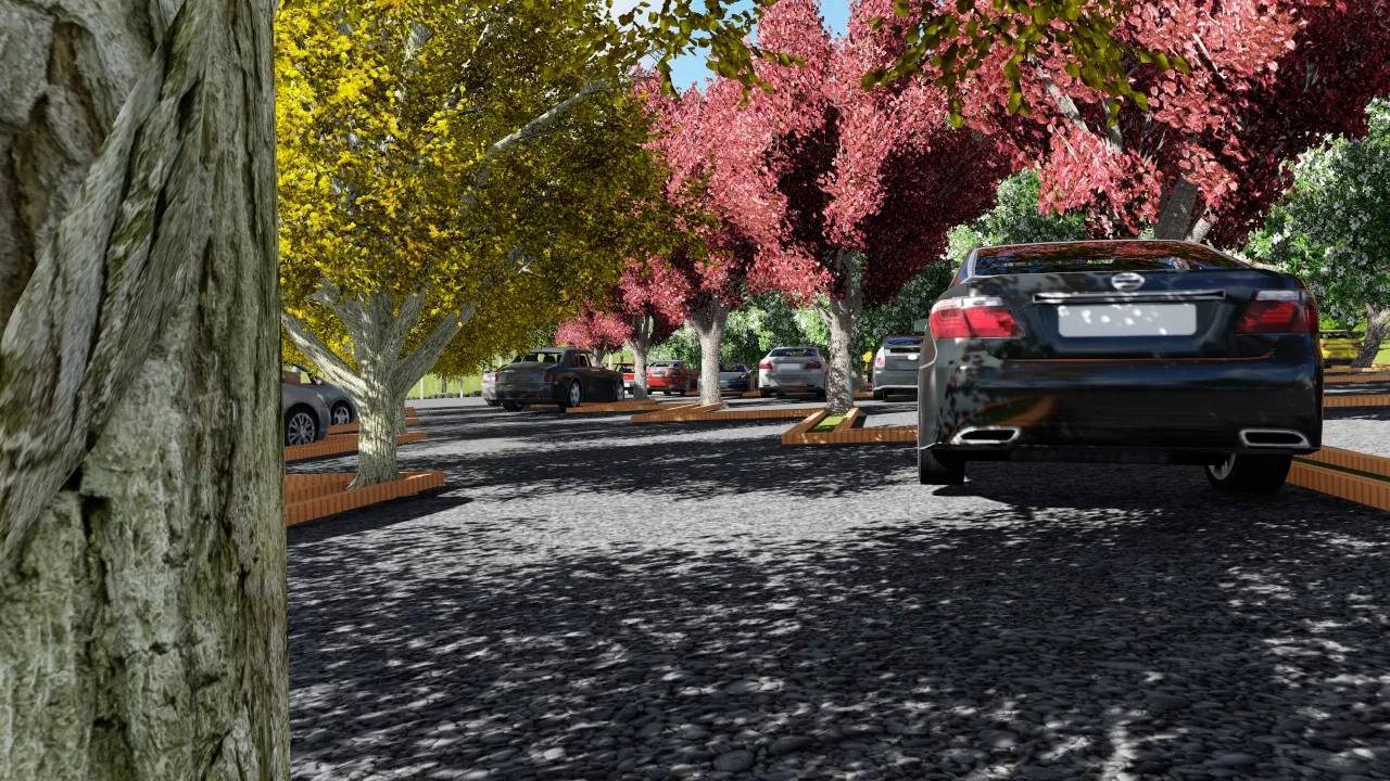 Nível do solo do estacionamento arborizado, com piso de paralelepípedos, ipês floridos em amarelo e rosa margeando as vagas e um sedã escuro em movimento