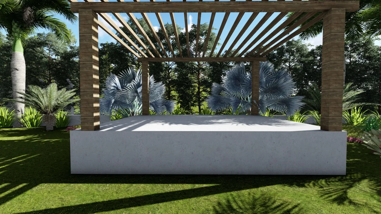 Pergolado de ripas de madeira sobre plataforma de concreto, cercado por folhagens de palmeiras e gramado, formando um espaço de estar ao ar livre