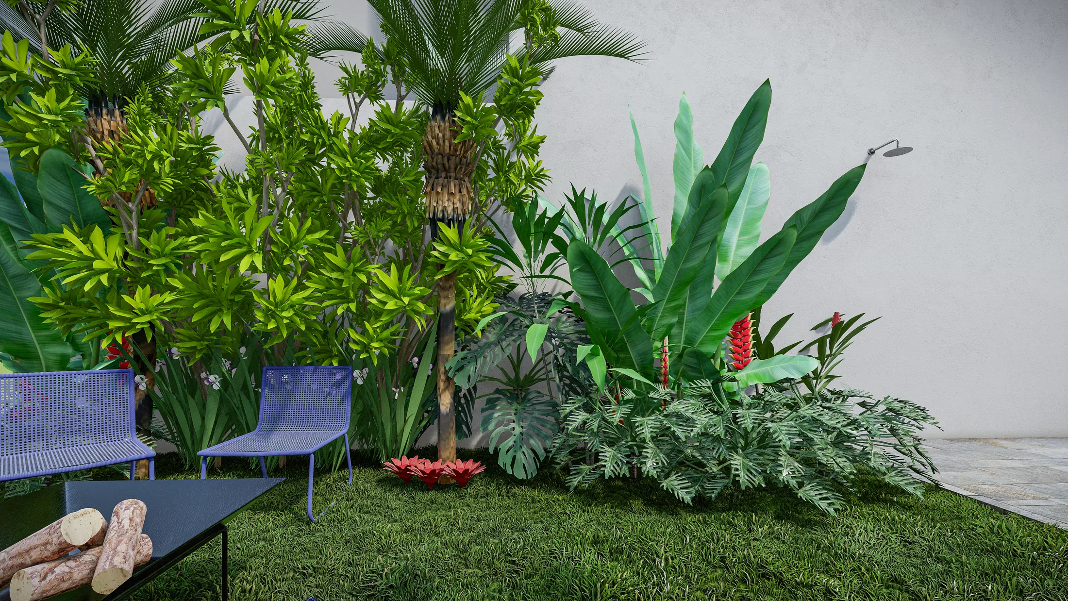Canto do jardim com palmeiras, folhagens tropicais variadas e ducha externa junto à parede, ao lado de cadeiras e mesa de fogueira