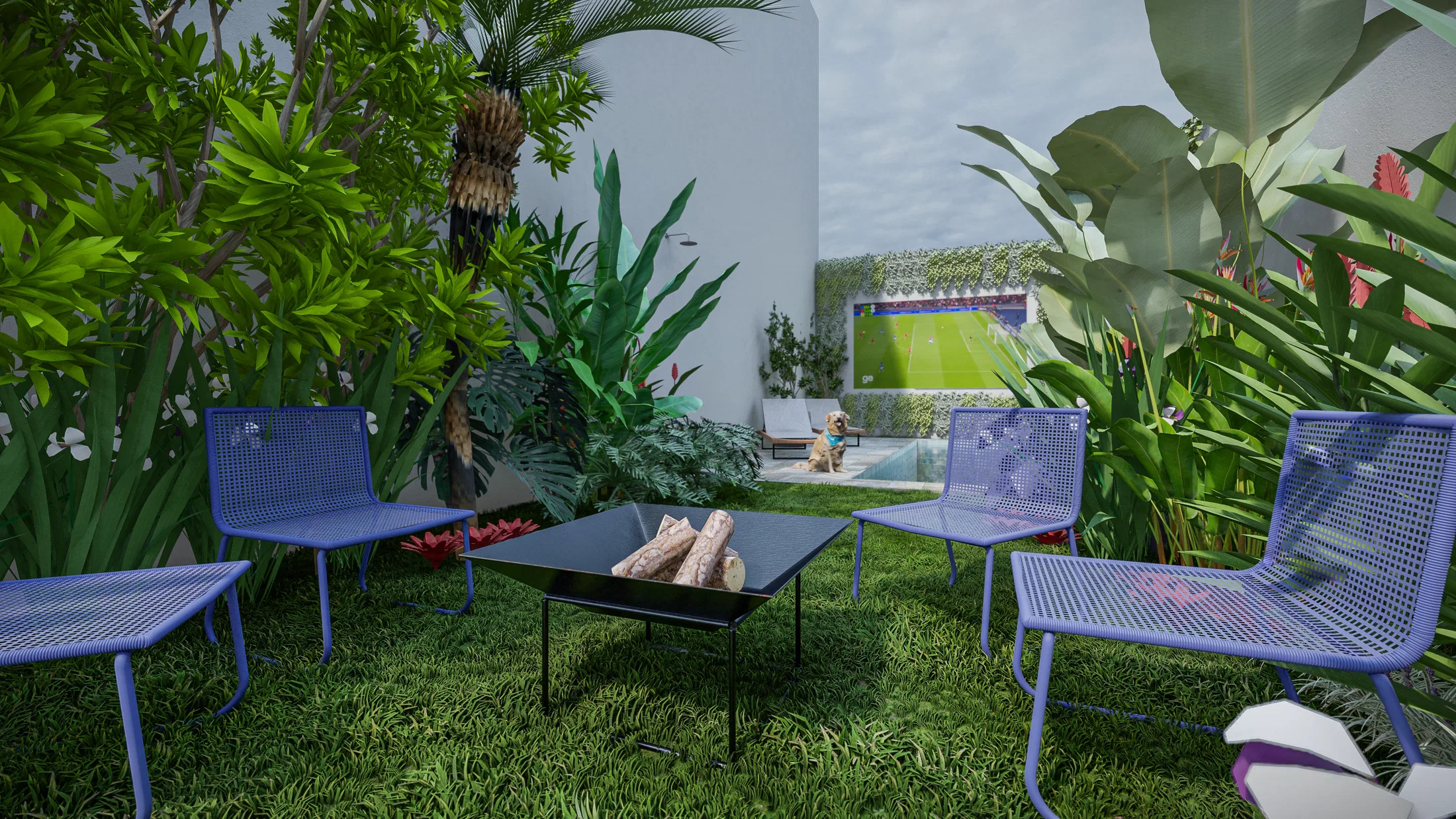 Área de estar com cadeiras metálicas azuis ao redor de mesa com fogueira, piscina e tela de projeção visíveis ao fundo entre a vegetação