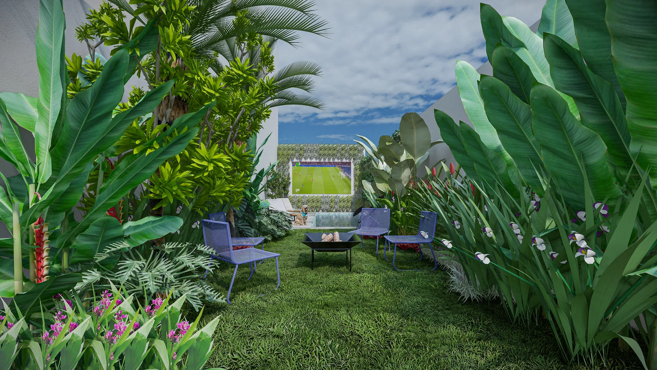 Corredor de gramado entre folhagens tropicais de grande porte conduzindo a um lounge externo com cadeiras e tela de projeção ao fundo