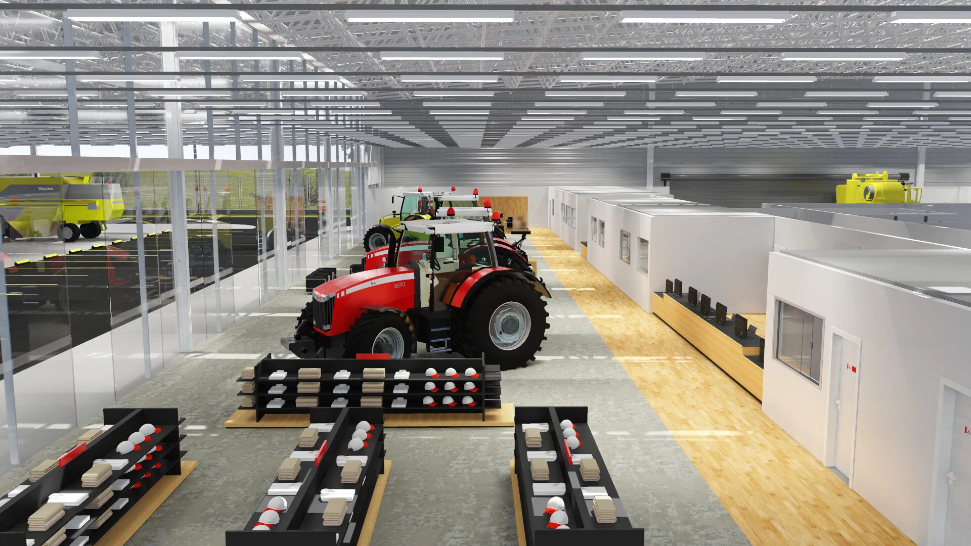 Área interna com araras de peças em primeiro plano, trator vermelho sobre plataforma de madeira e corredor levando a salas modulares envidraçadas