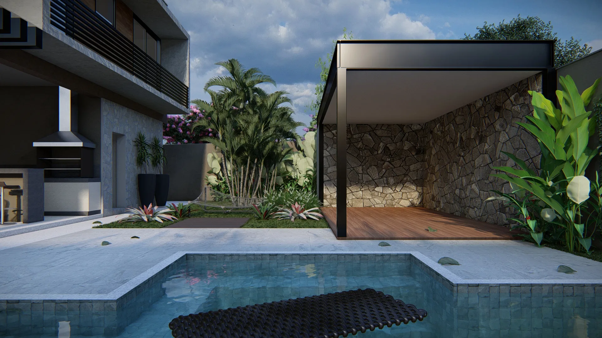 Pergolado em estrutura metálica sobre parede de pedra, conectando a piscina a um deck de madeira coberto