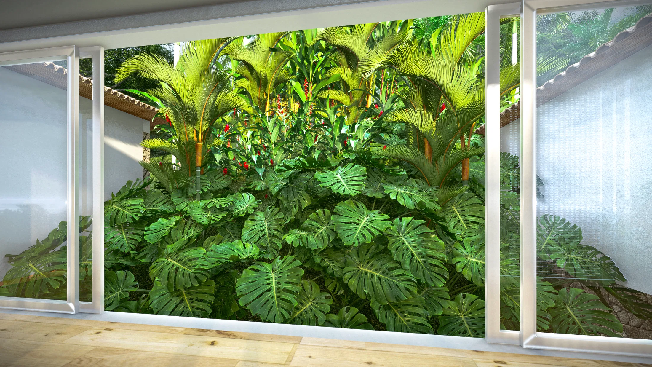 Jardim vertical de folhagens tropicais visto através de porta de vidro, com grandes folhas verdes preenchendo a abertura.