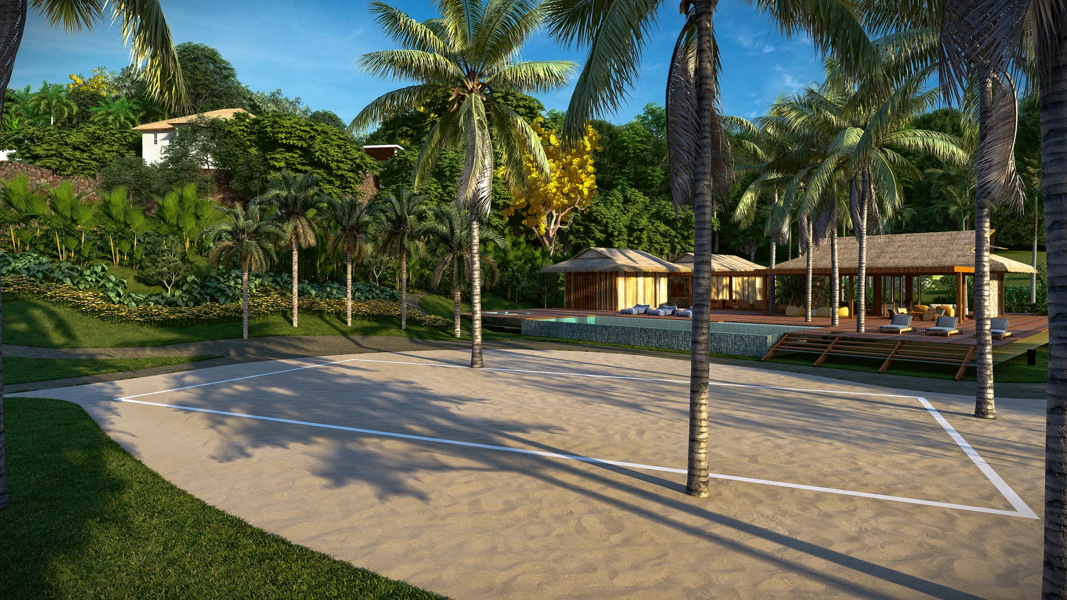 Quadra de vôlei de areia ladeada por palmeiras, com piscina e deck de pavilhão de cobertura de sapê ao fundo.