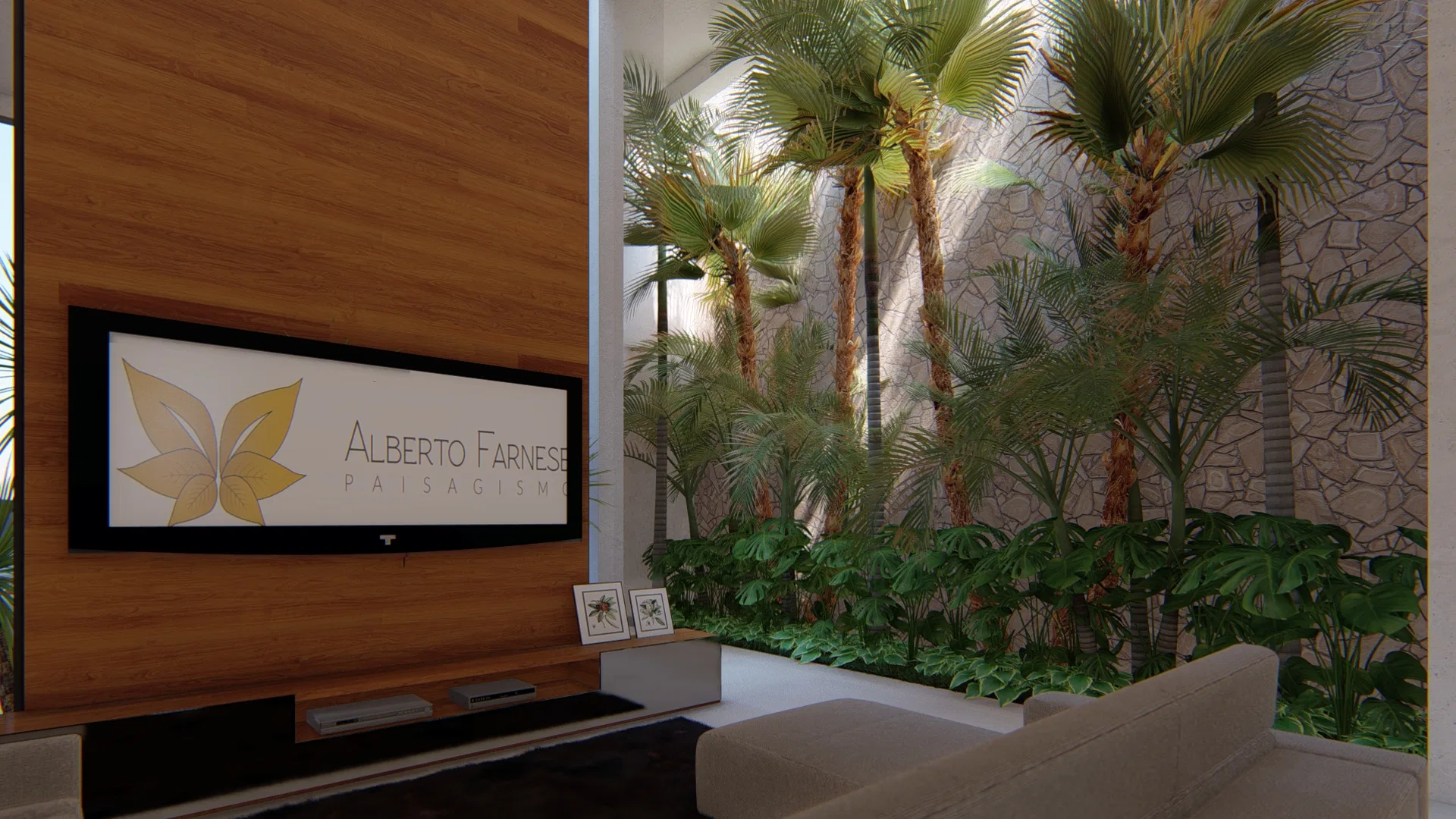 Sala de estar com painel de madeira e televisor exibindo um emblema botânico, ao lado de jardim de inverno com palmeiras-leque e folhagens atrás do vidro.