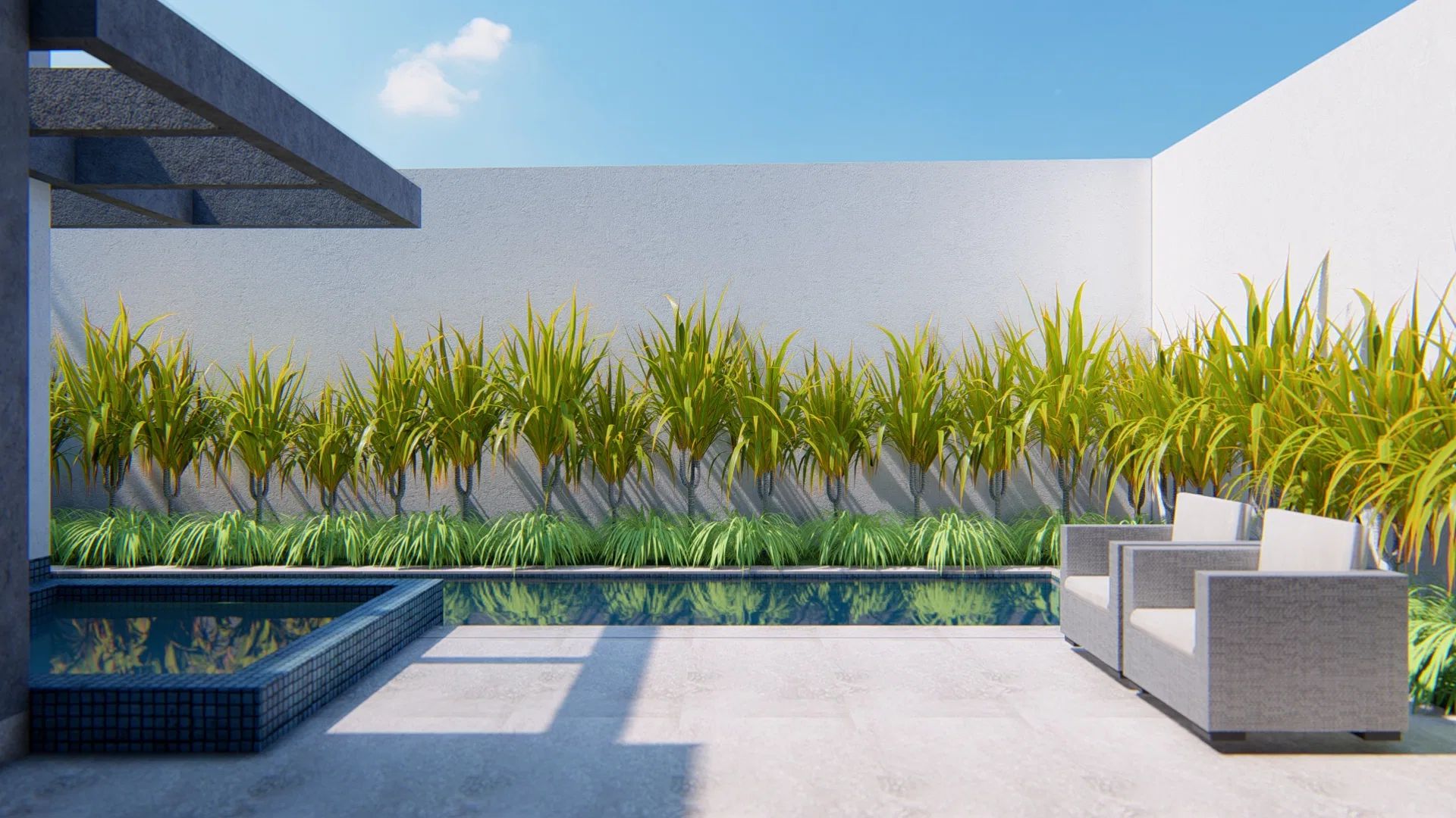Área de piscina com spa embutido e faixa d'água refletindo um muro verde de gramíneas altas, com poltronas de vime sobre o deck claro ao sol.