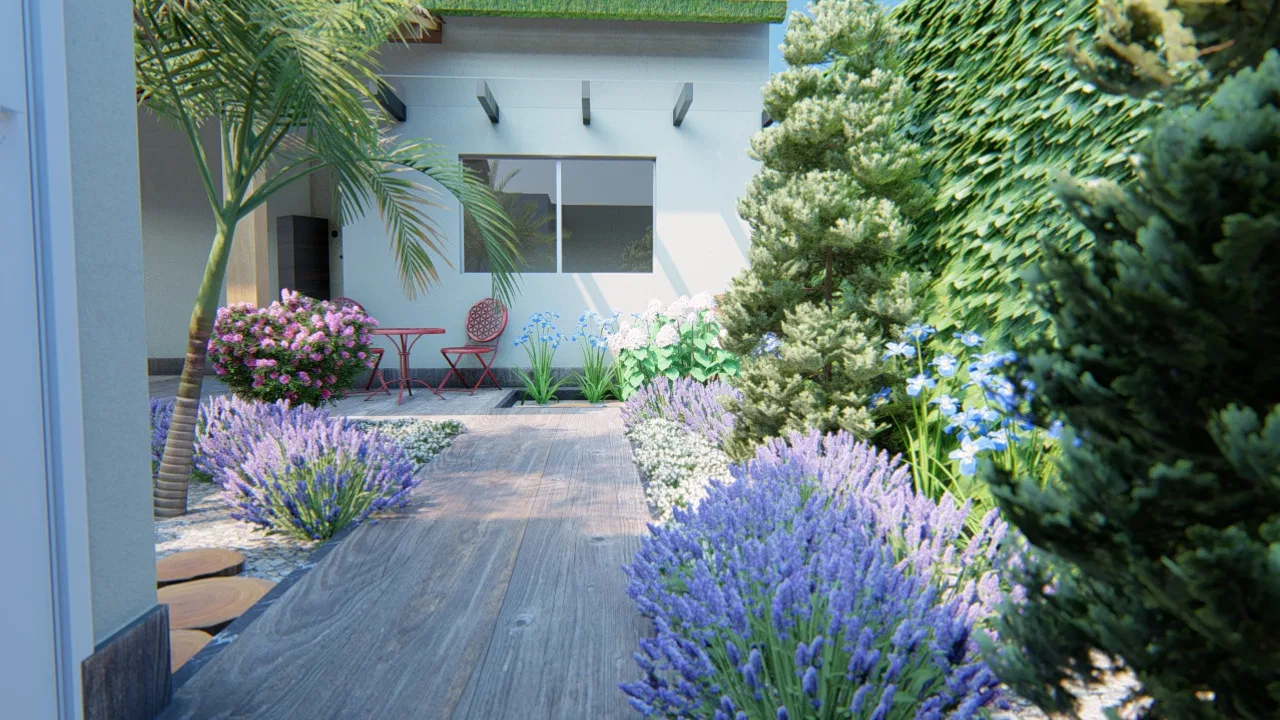 Caminho de deck ladeado por maciços de lavanda florida, palmeira e arbusto rosa diante da fachada branca com janelas