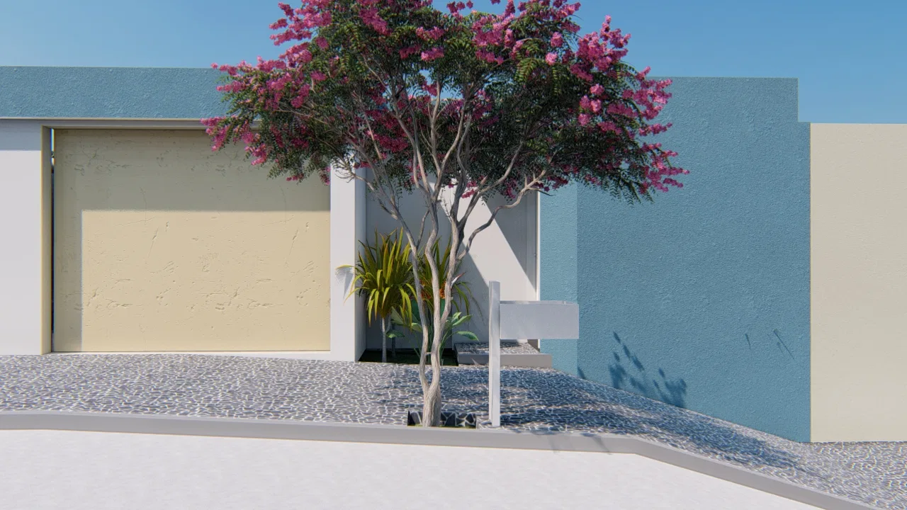 Entrada com árvore de flores rosas diante de muro azul e bege, piso de pedra clara e pequeno canteiro com folhagem