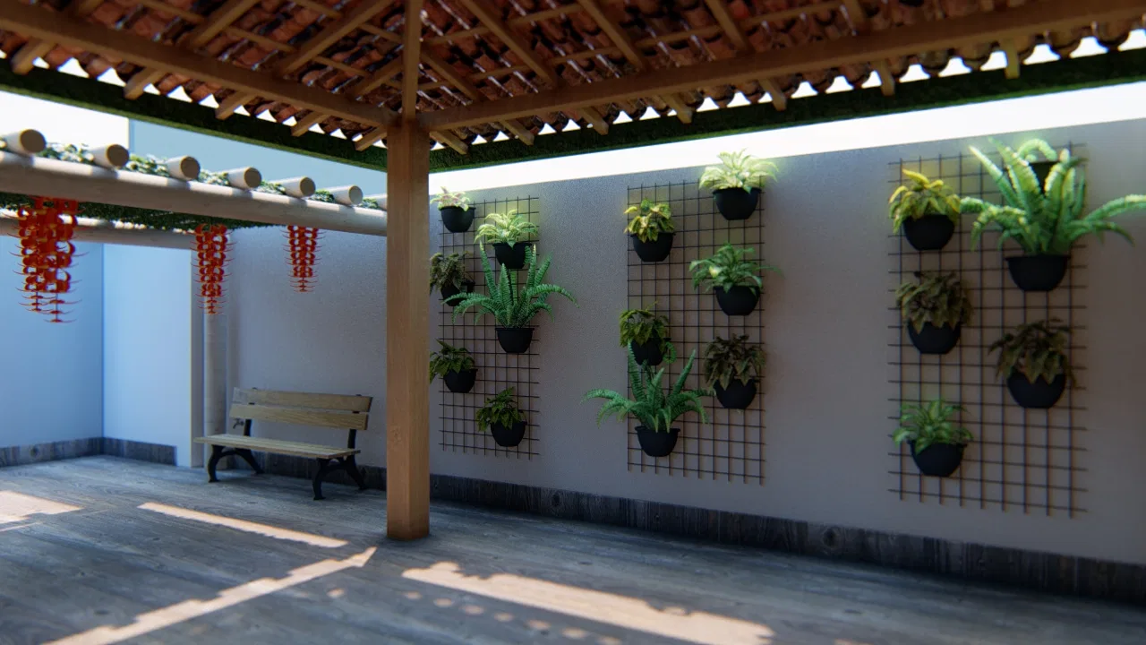 Área coberta com jardim vertical de samambaias em vasos pretos sobre treliça, banco de madeira e telhado de bambu