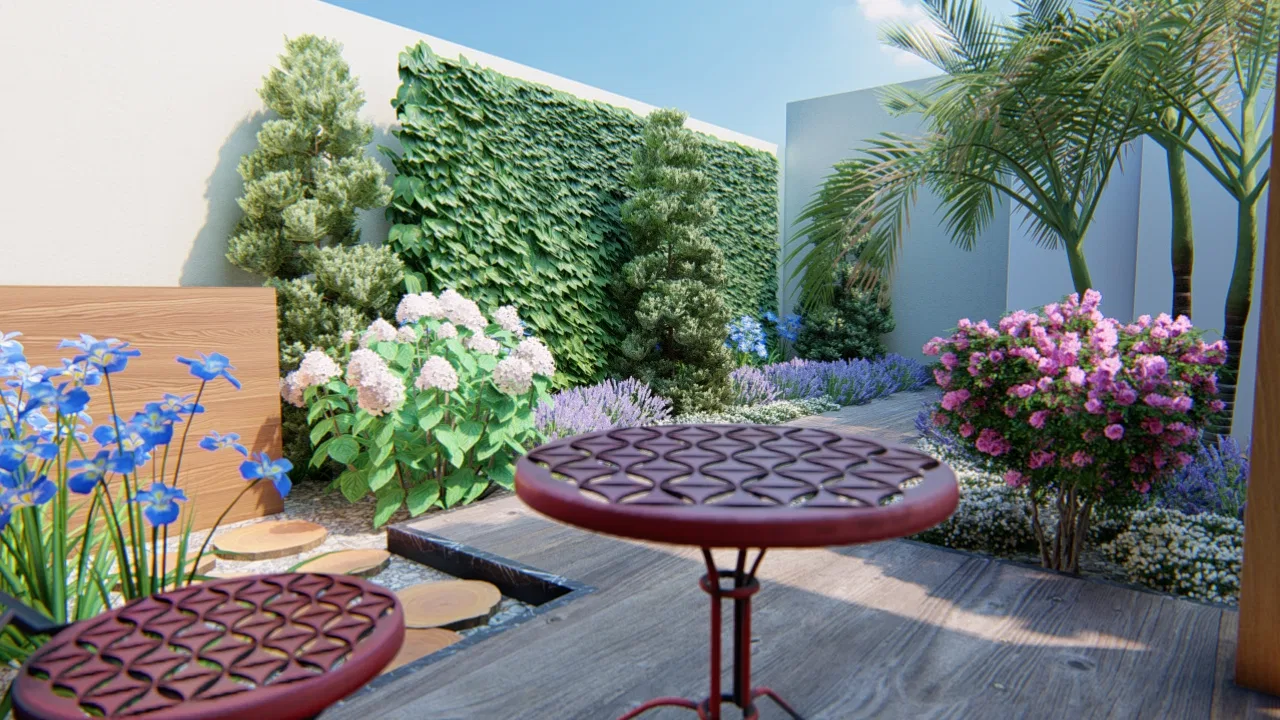 Cantos com parede verde de folhagem, hortênsias brancas e flores azuis, e mesas bistrô vermelhas sobre o deck de madeira