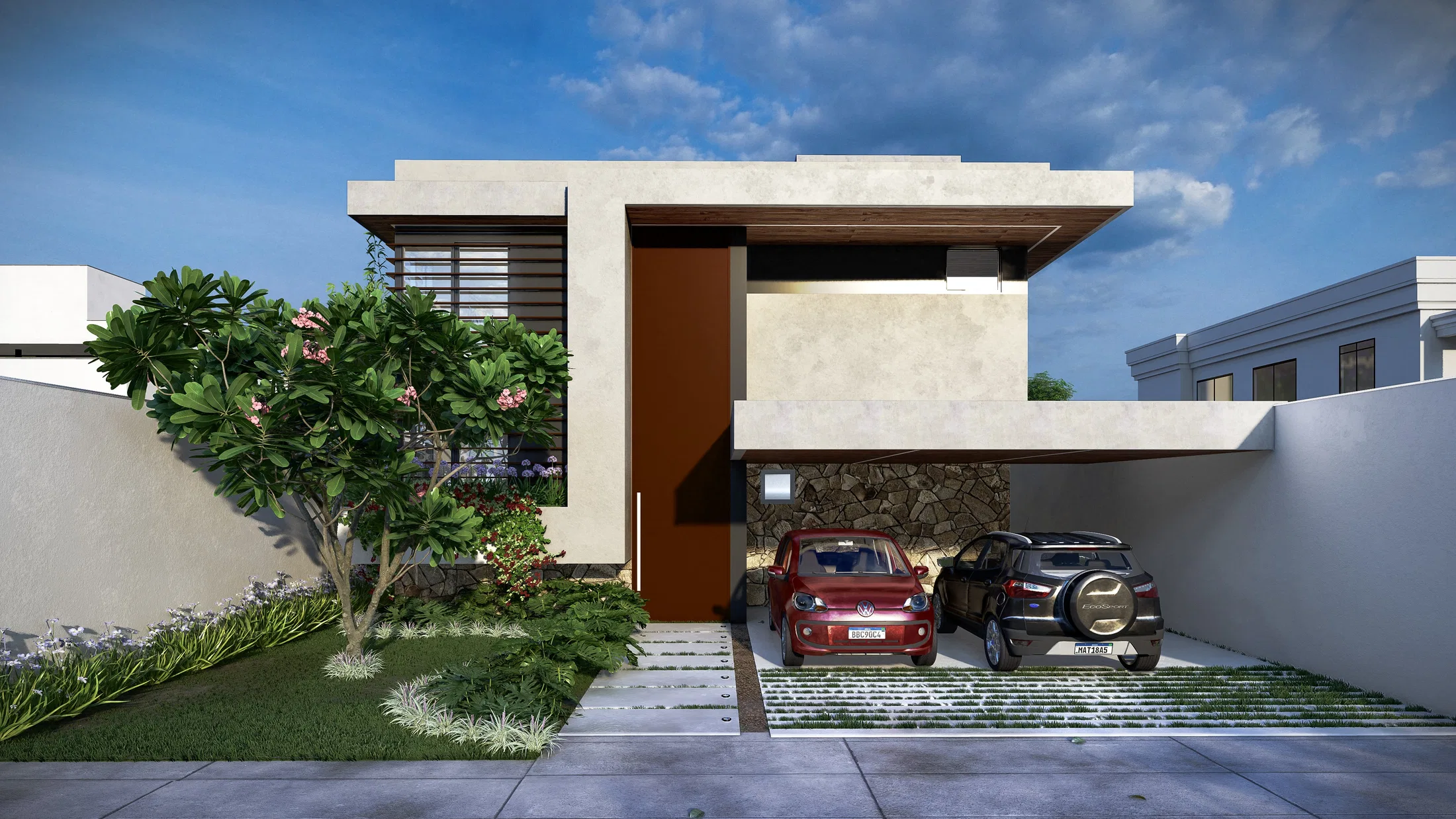 Fachada em tons terrosos com laje horizontal, brise de madeira e garagem com dois carros, ao lado de árvore florida e agapantos