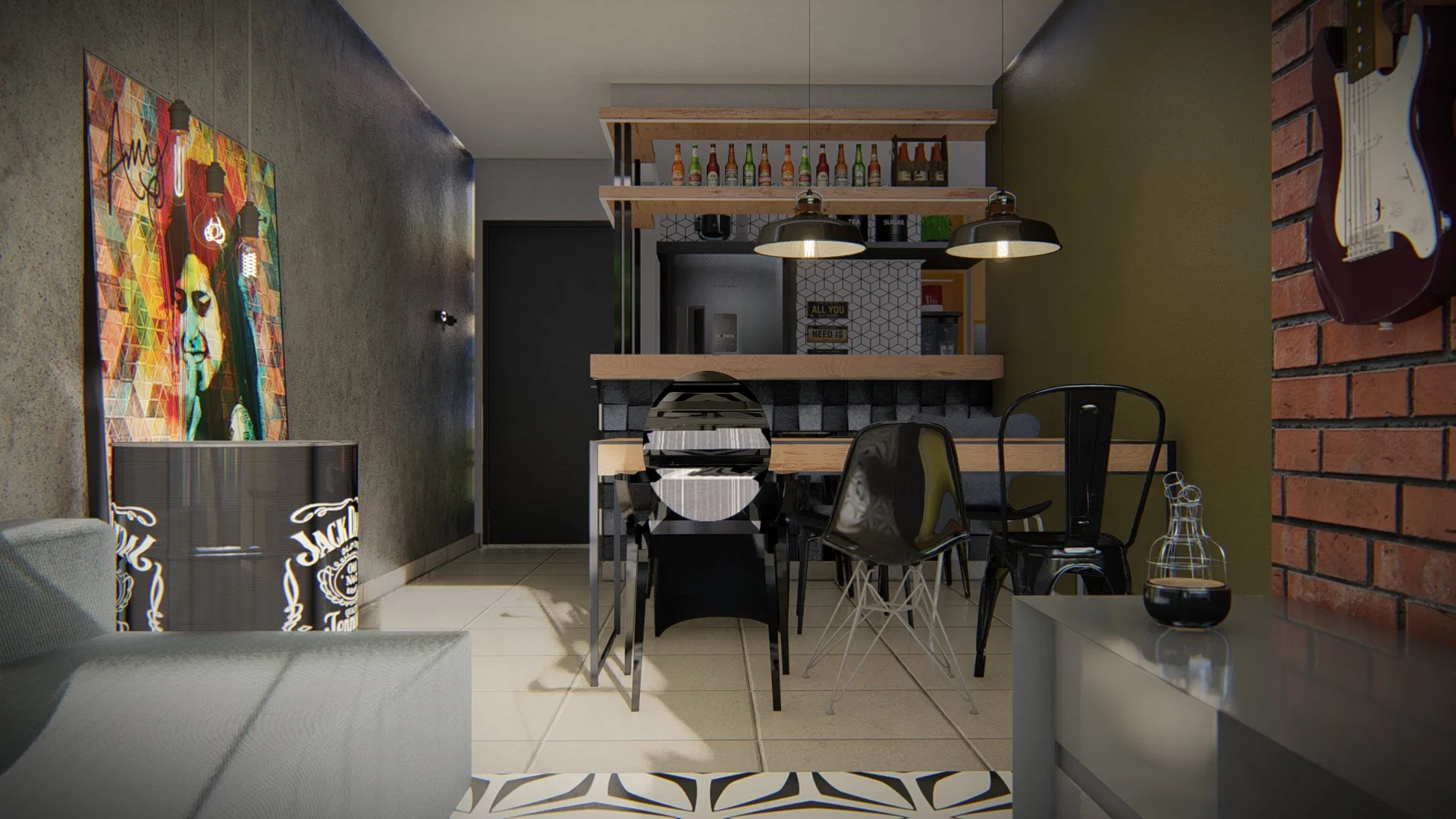 Área de jantar com mesa de madeira e cadeiras variadas, luminárias pendentes, quadro pop colorido e tambor preto usado como apoio
