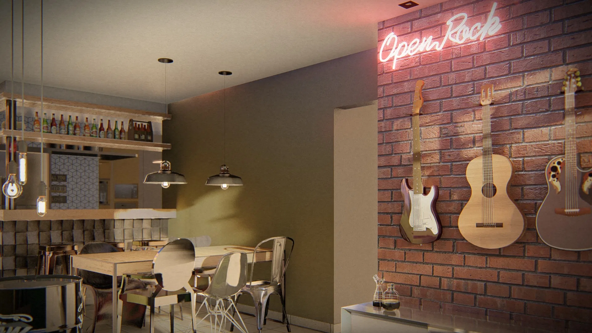 Vista do bar e da mesa de refeições sob luminárias escuras, com o letreiro neon e as guitarras na parede de tijolo à direita