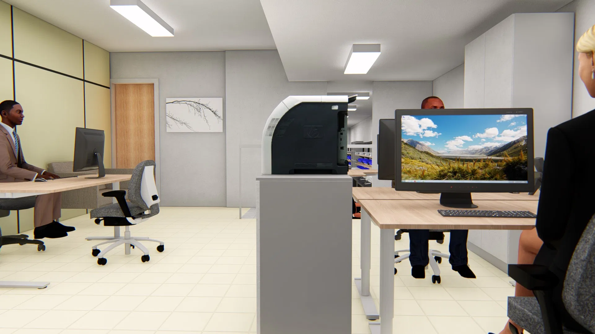 Escritório administrativo em atividade, com colaboradores atendendo em mesas com monitores, impressora multifuncional ao centro e painéis acústicos na parede