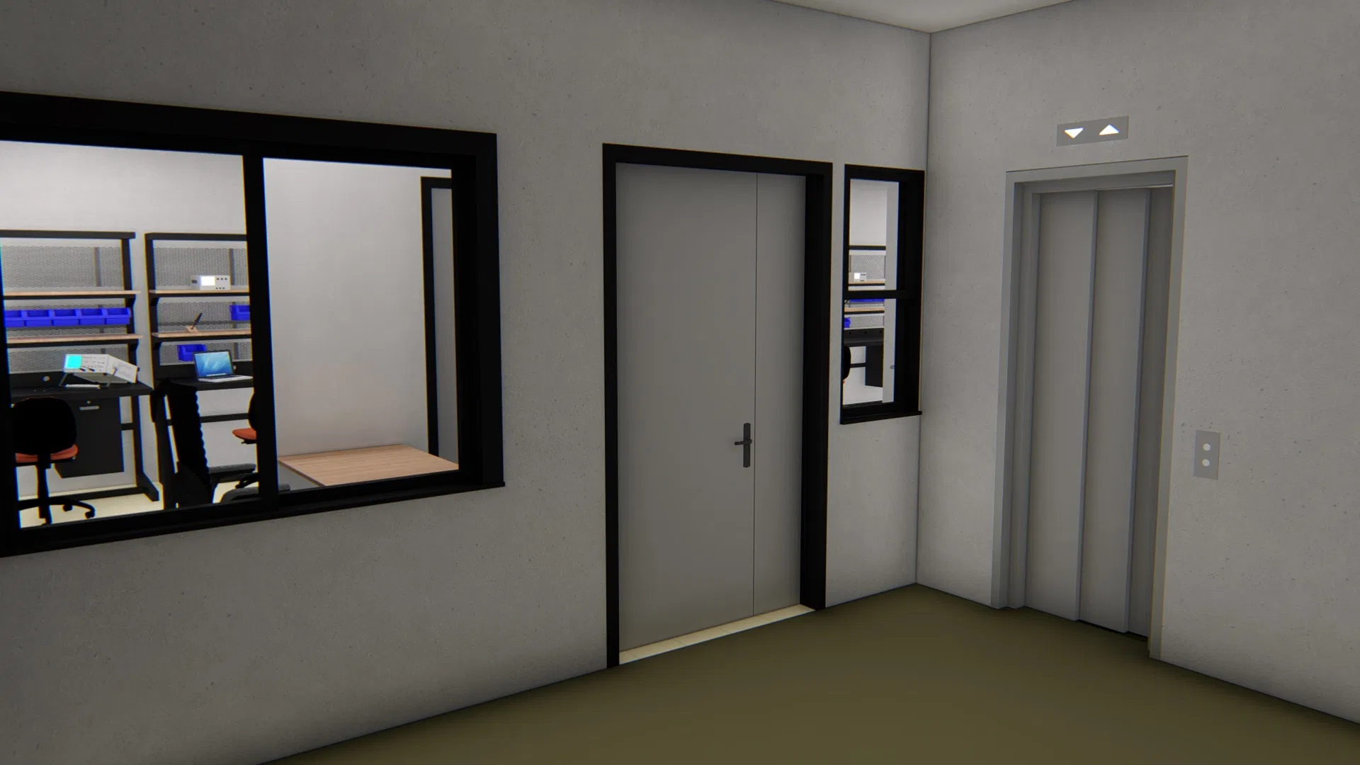 Hall de circulação com elevador, porta dupla e janela envidraçada que abre a vista para a sala técnica ao lado