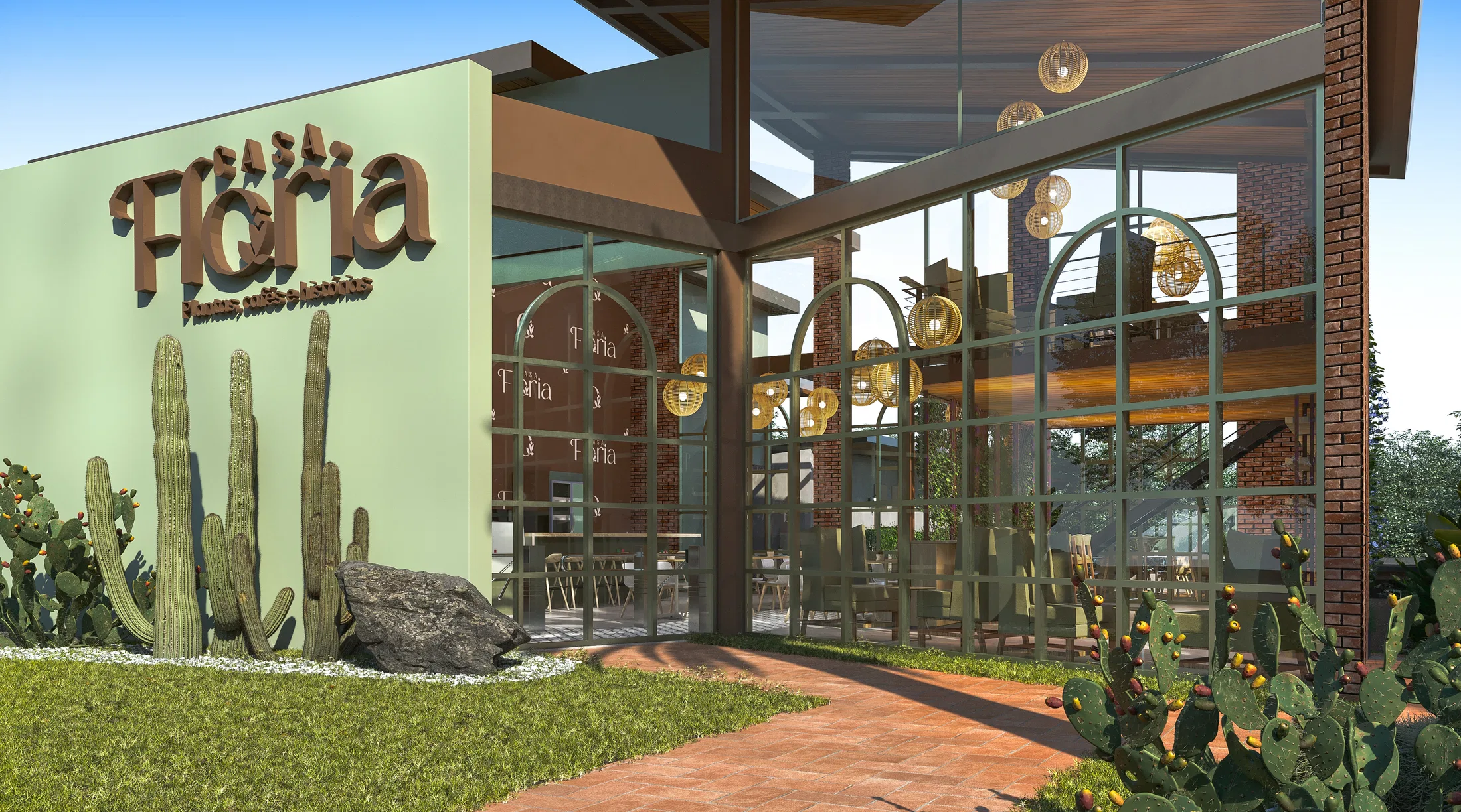 Entrada em close com o letreiro Floria na parede verde, jardim de cactos, fachada de vidro com detalhes arqueados e caminho de tijolo em espinha de peixe
