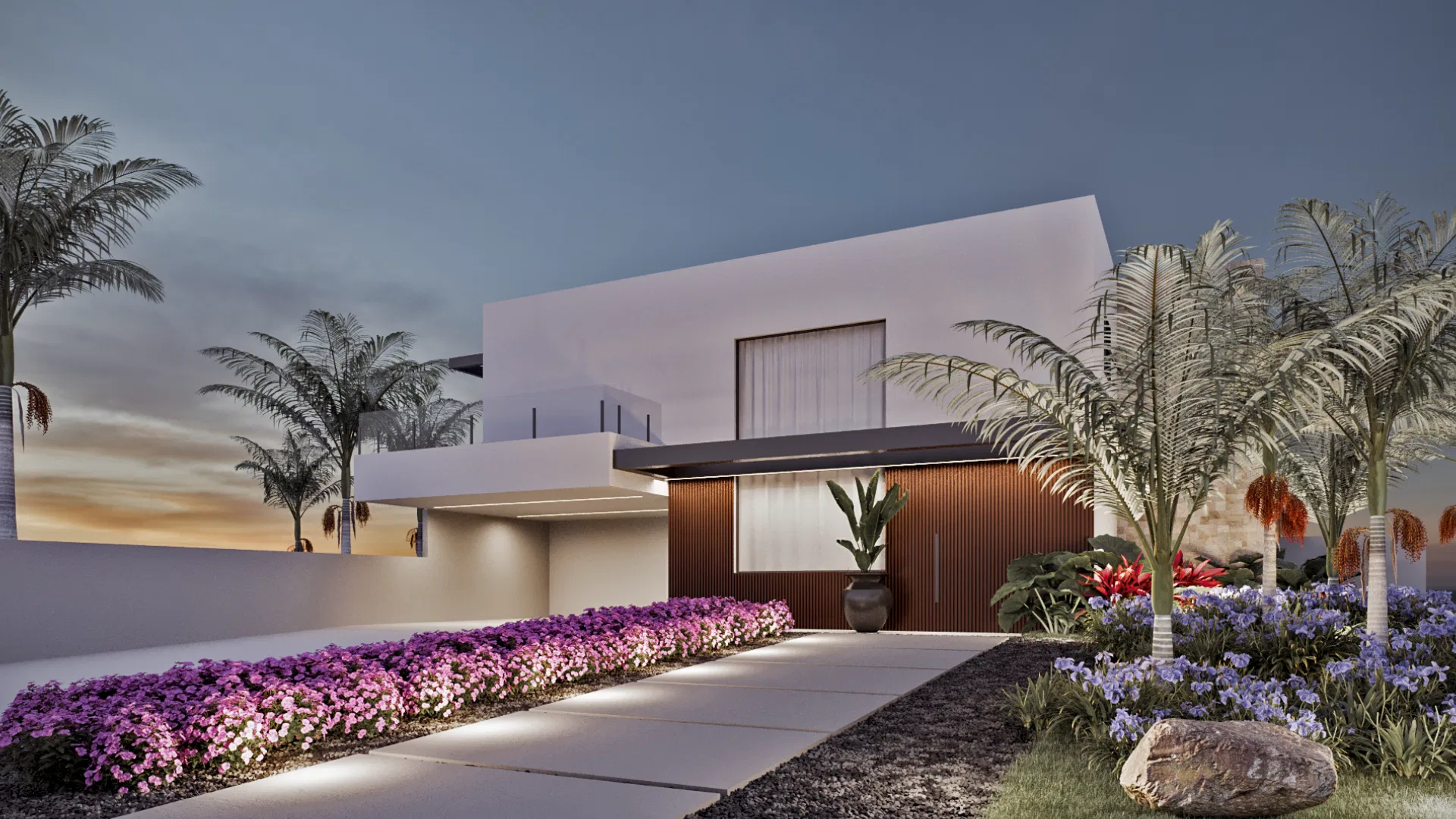 Fachada de casa com ripas de madeira na entrada, vaso com planta verde e canteiro florido lateral