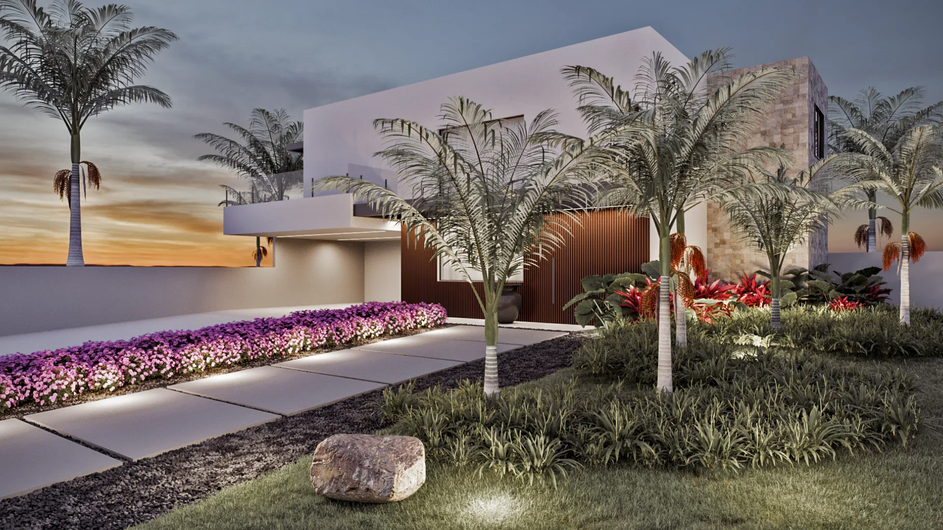 Fachada de casa moderna com pedra sobre o volume superior, palmeiras e canteiro de flores lilás na calçada