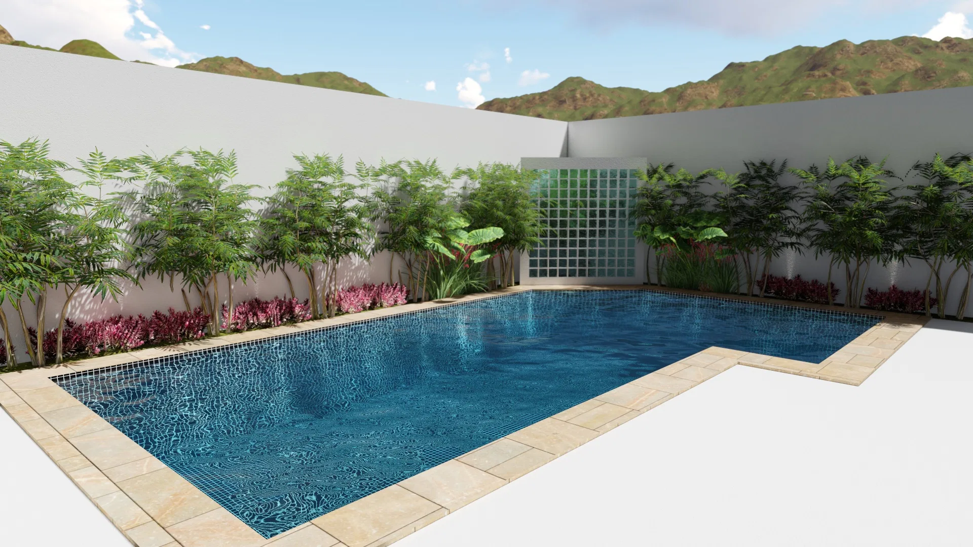 Piscina retangular revestida de pastilhas azuis com parede de blocos de vidro ao fundo, cercada por canteiros tropicais e montanhas
