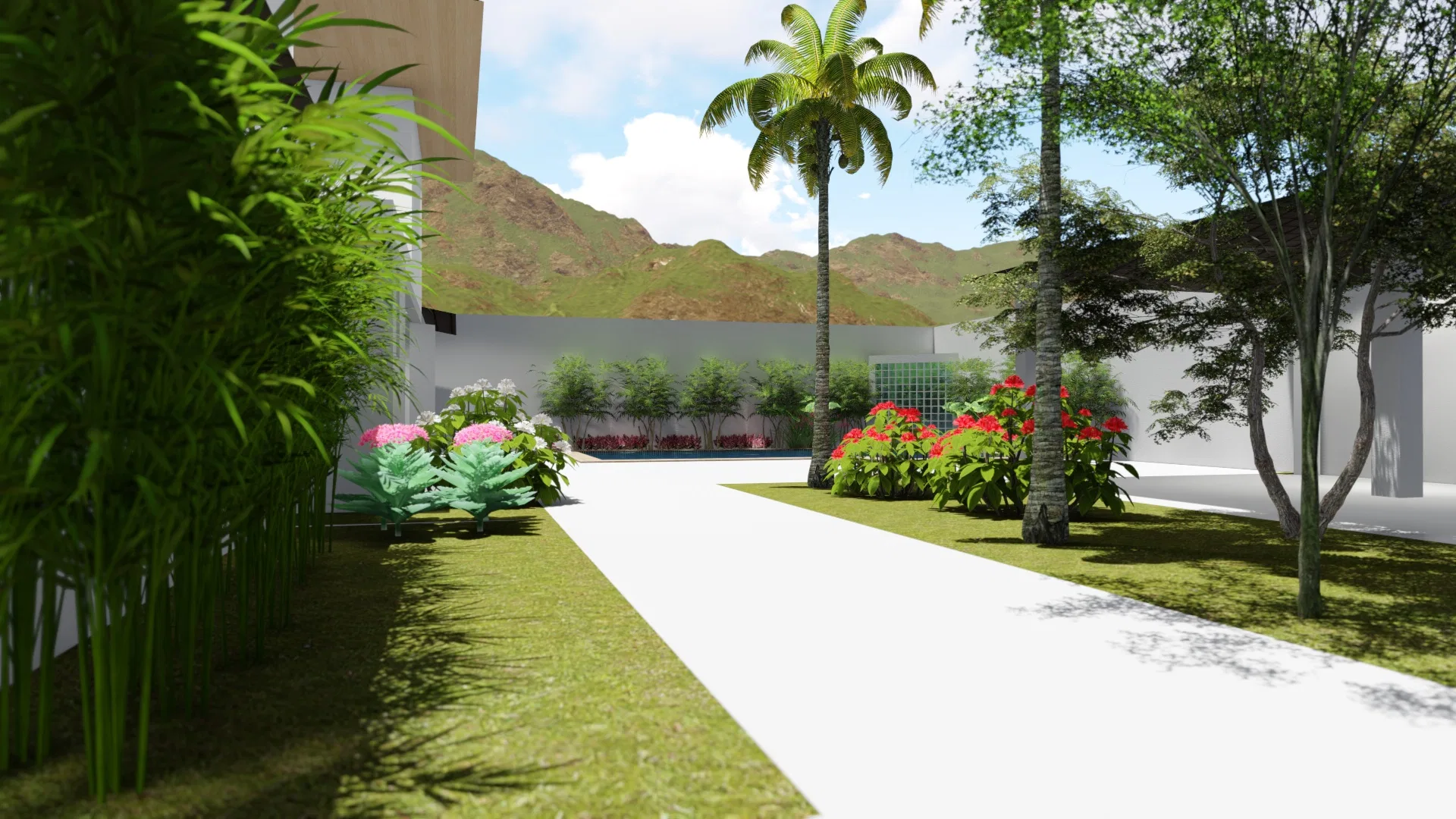 Passeio largo de piso claro ladeado por bambus, hortênsias rosadas e canteiros de flores vermelhas, com palmeira e montanhas ao fundo
