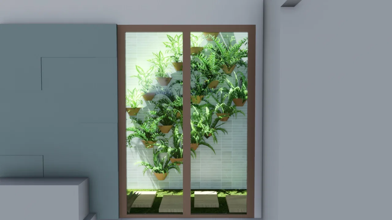Jardim vertical embutido em nicho de parede, com vasos suspensos de samambaias vistos através de esquadria de madeira