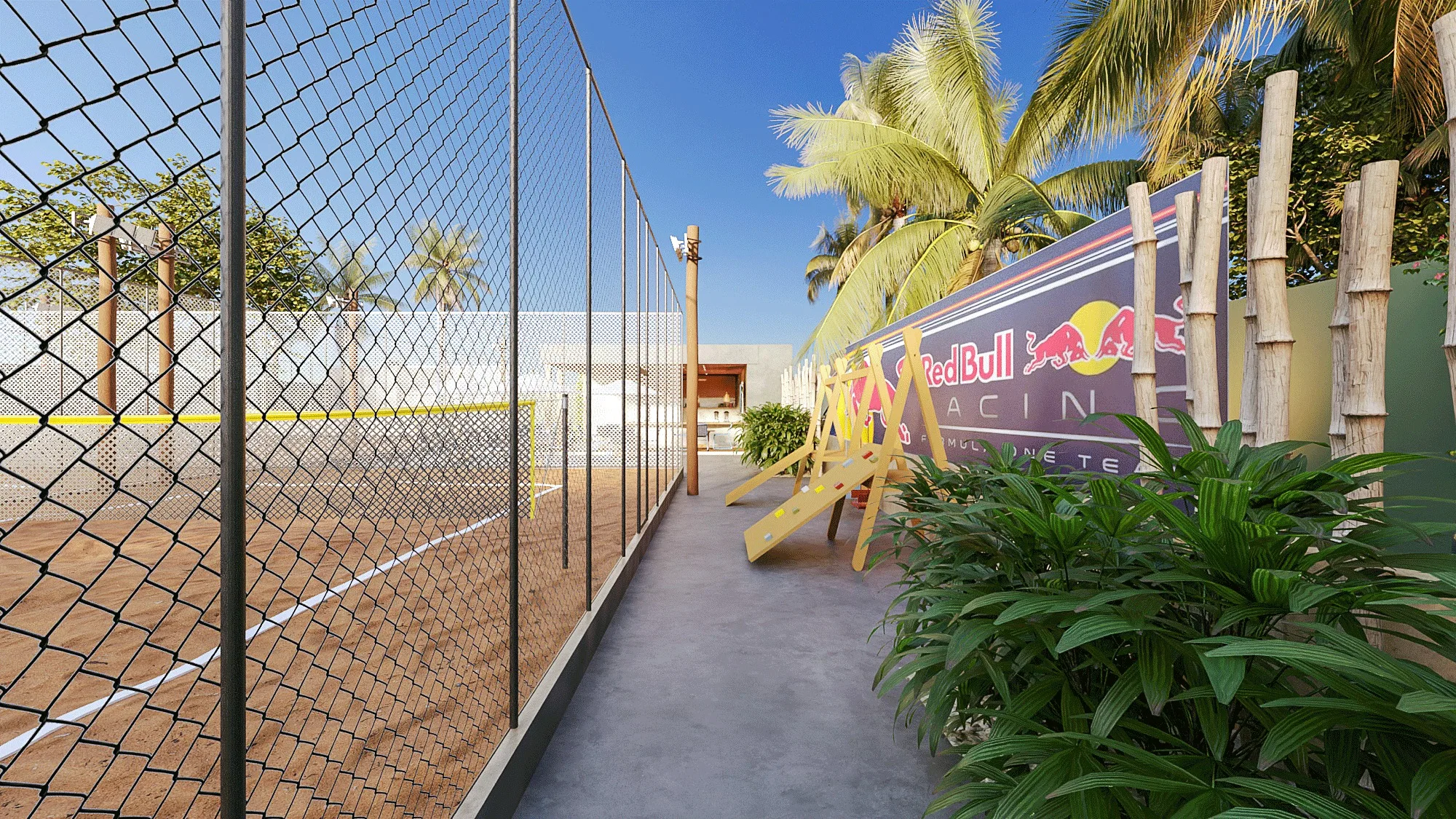 Passagem estreita entre o cercamento de uma quadra e um painel de patrocínio esportivo, com bambus, folhagens tropicais e piso de concreto