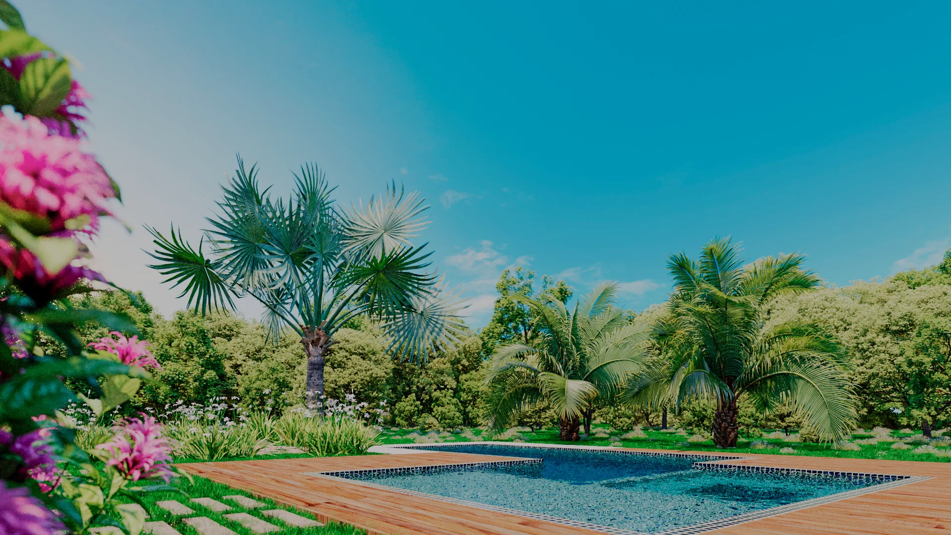 Deck de madeira junto à piscina, cercado por palmeiras e vegetação tropical, com flores rosa em primeiro plano.