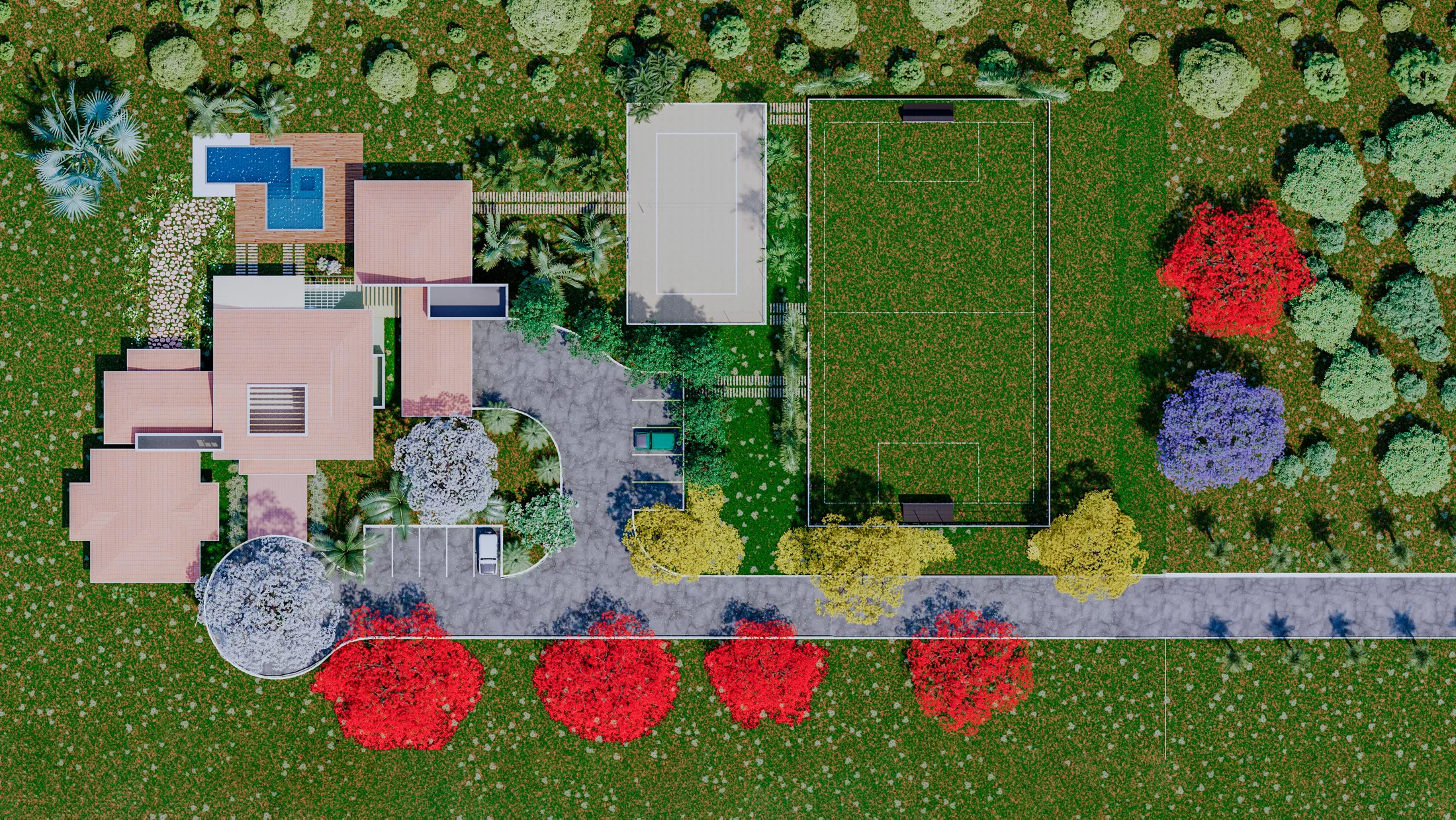 Vista aérea da propriedade mostrando piscina, edificações, quadra esportiva gramada e áreas arborizadas ao redor.