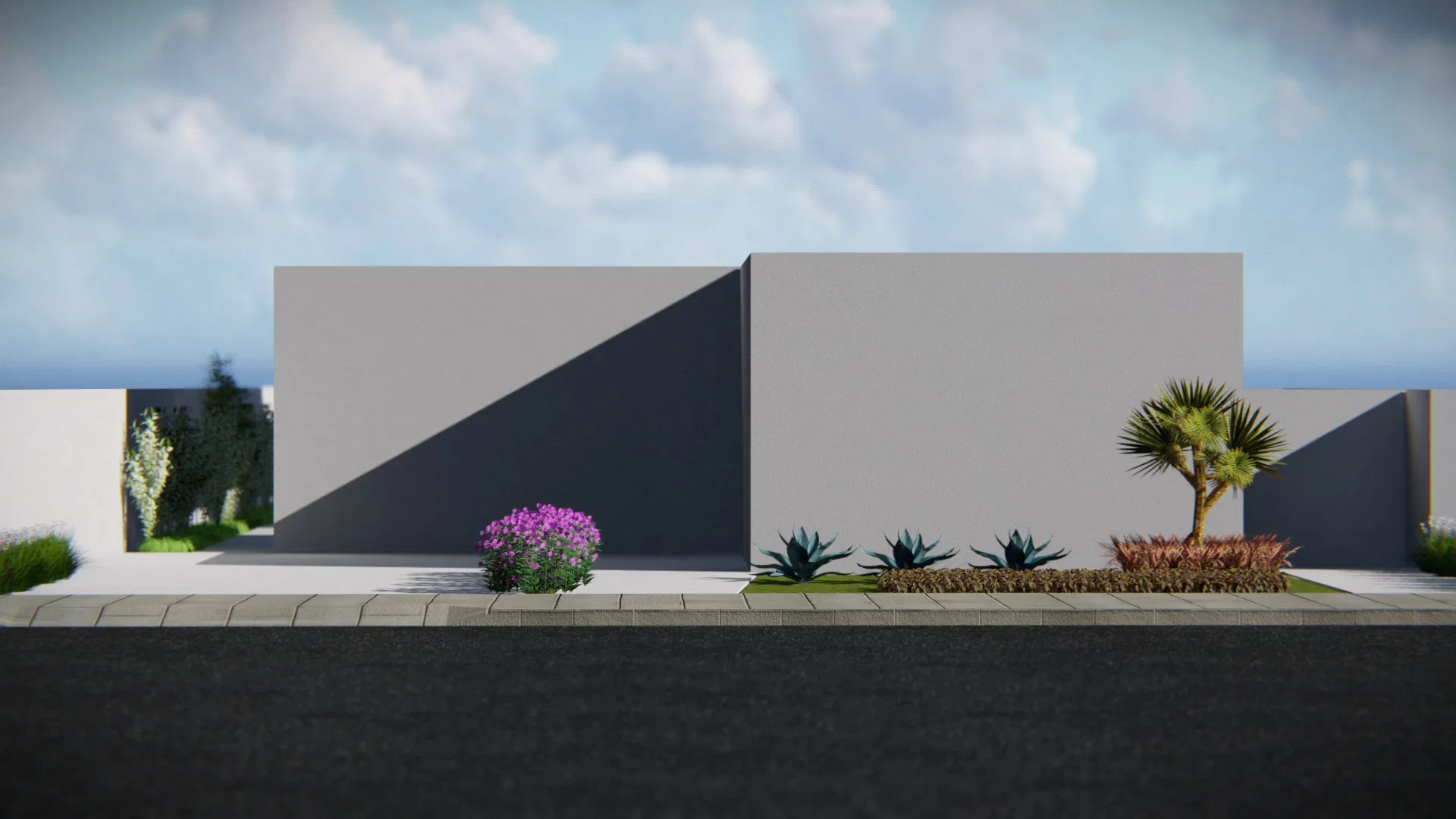 Fachada cinza vista de frente, com sombra diagonal e canteiro na base reunindo arbusto florido lilás, agaves, gramíneas bronze e uma pequena palmeira