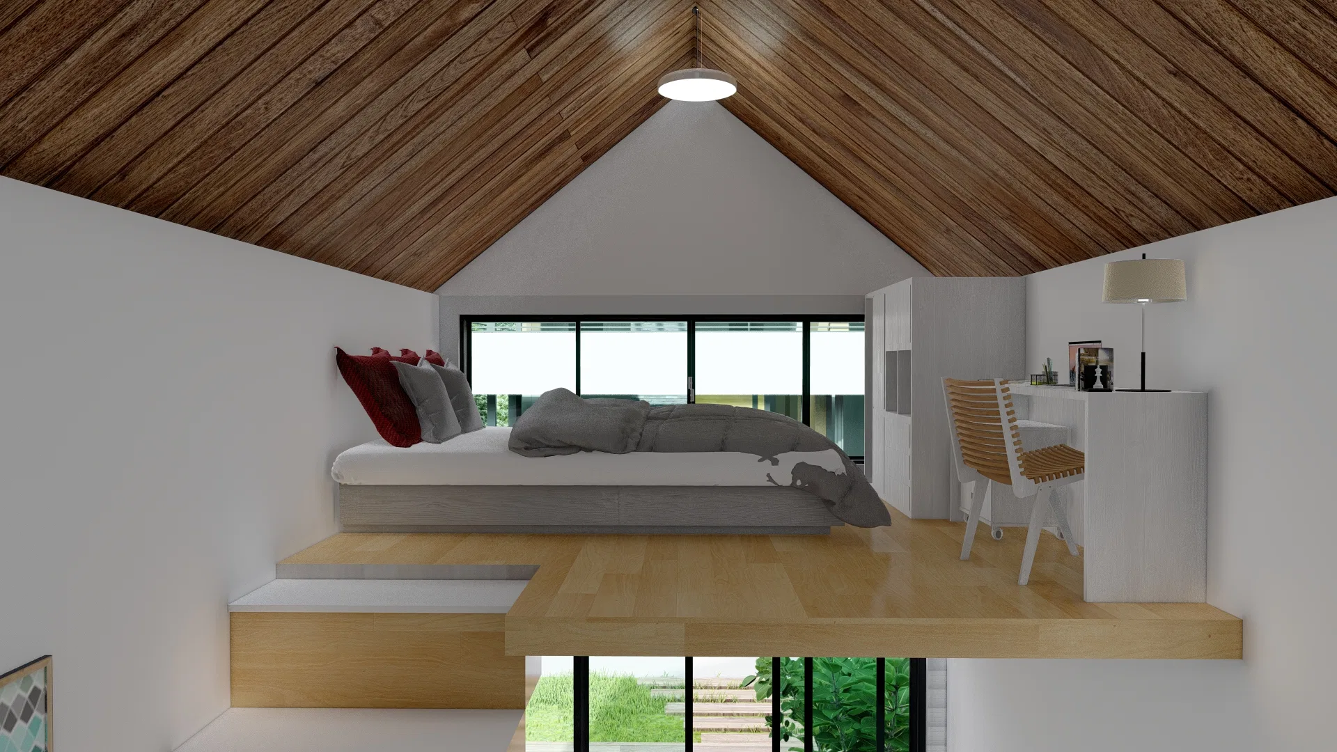 Quarto no mezanino sob telhado inclinado em madeira, com cama de casal, criado-mudo com escrivaninha e janela para a copa