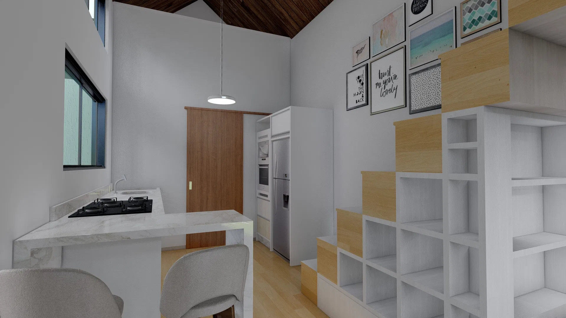 Bancada de cozinha com cooktop e cuba, porta de madeira ao fundo, geladeira embutida e escada com nichos abertos ao lado