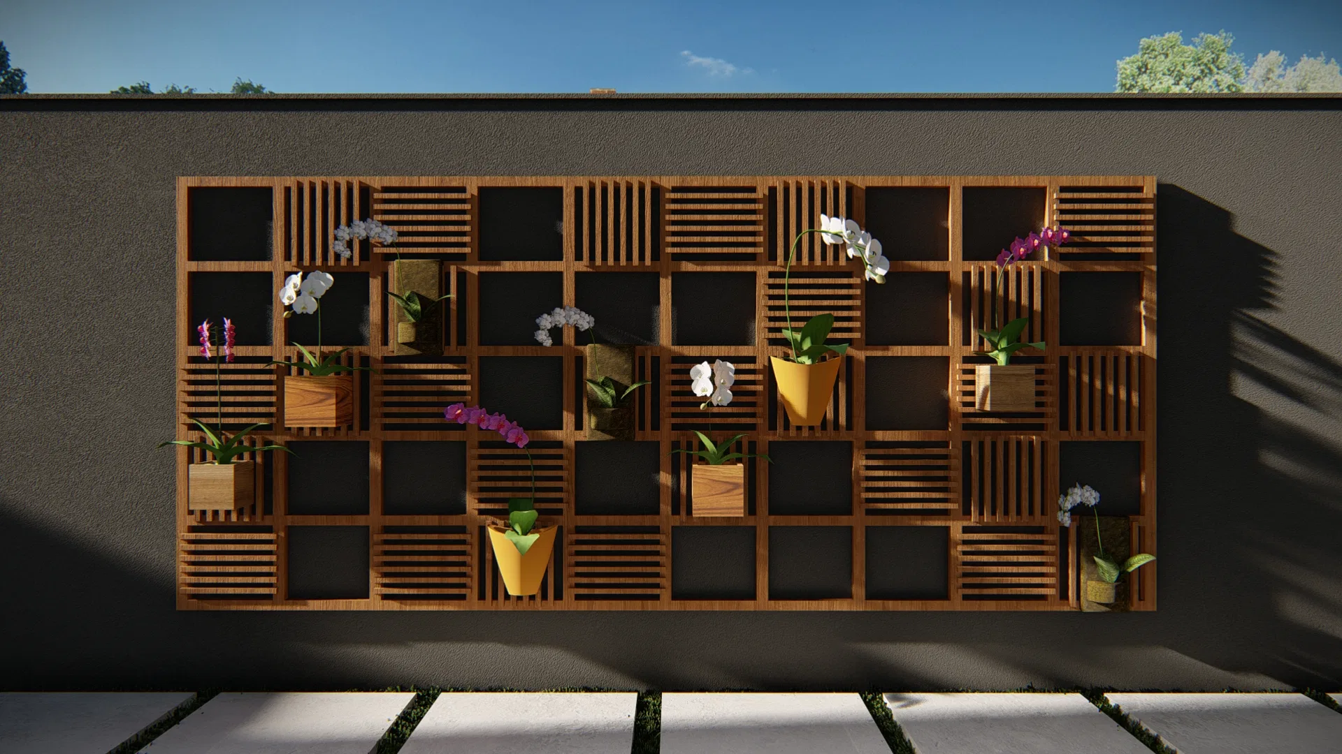 Painel de madeira quadriculado fixado em parede escura, com orquídeas brancas e magenta e pequenos vasos compondo um jardim decorativo
