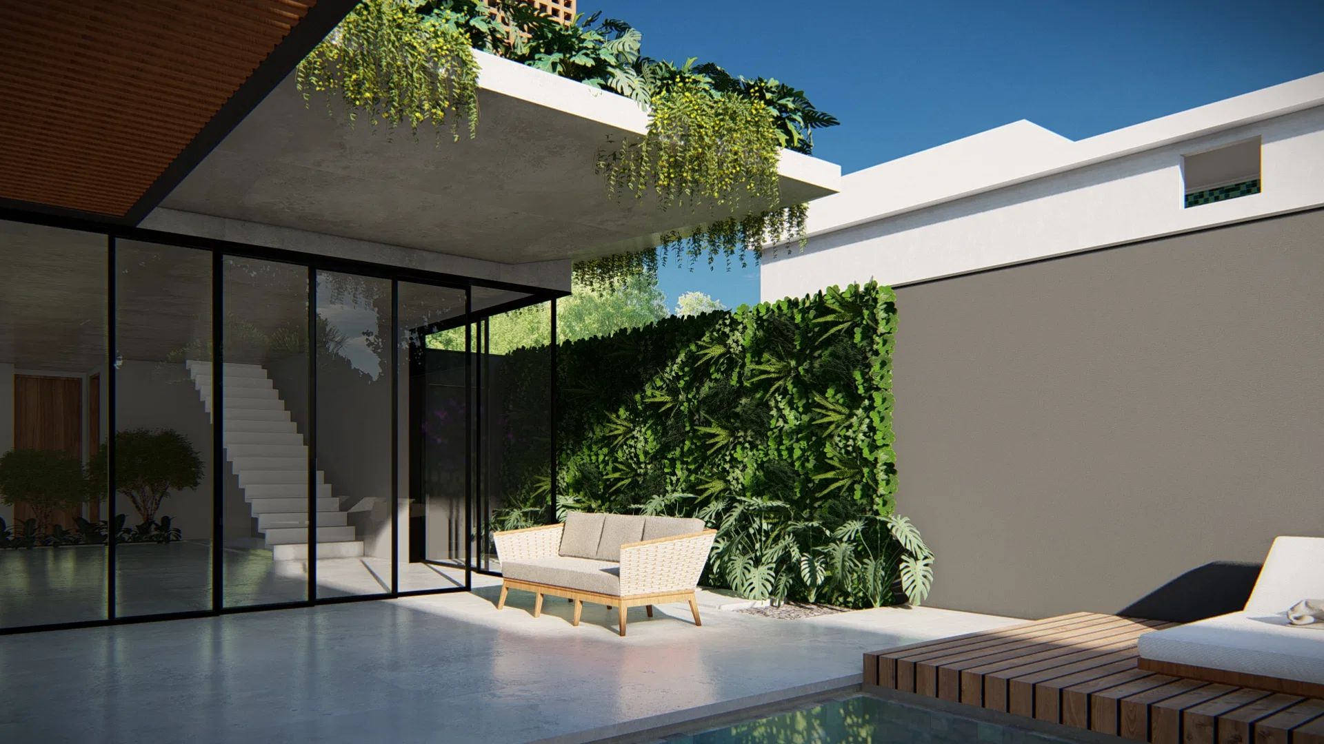 Pátio interno ao anoitecer com esquadrias de vidro pretas, escada aparente, jardim vertical de folhagens e sofá de madeira junto à piscina