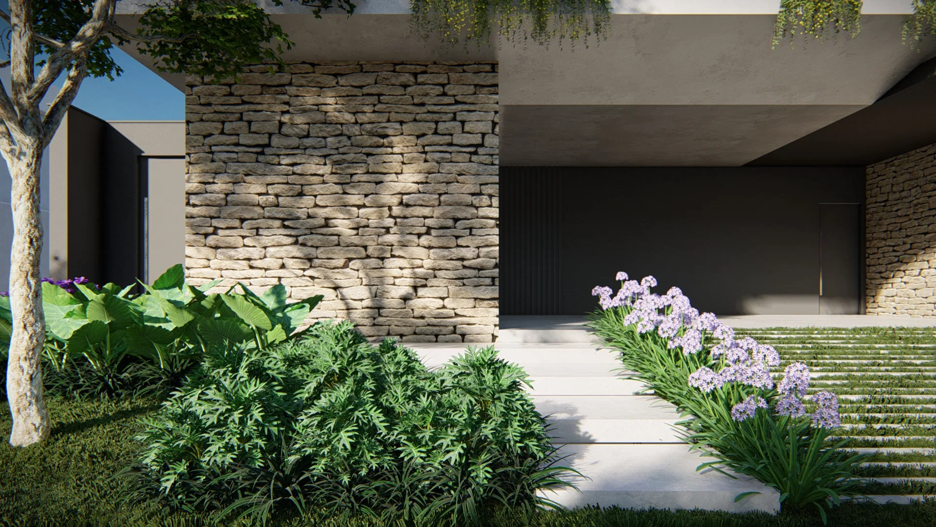 Detalhe do acesso com parede de pedra empilhada, laje de concreto, caminho de placas claras e maciço de flores lilás junto aos degraus gramados