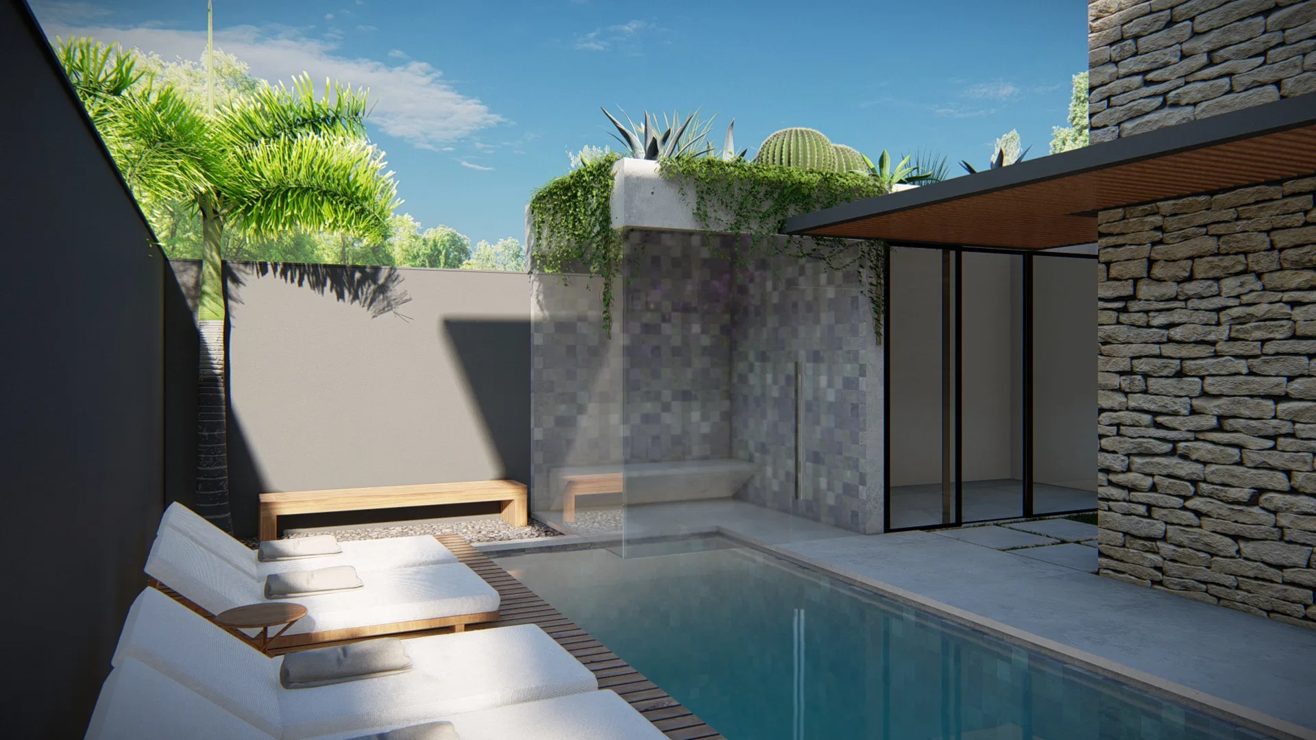 Piscina estreita com deck de madeira e espreguiçadeiras brancas, parede revestida em tom cinza e cactos sobre o muro ao fundo