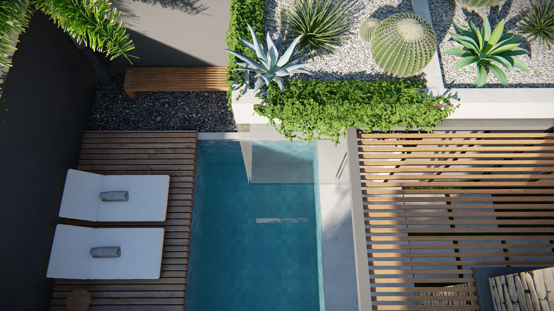 Vista superior da piscina com deck de madeira, espreguiçadeiras, pergolado de ripas e leito de seixos com agaves e cactos globulares