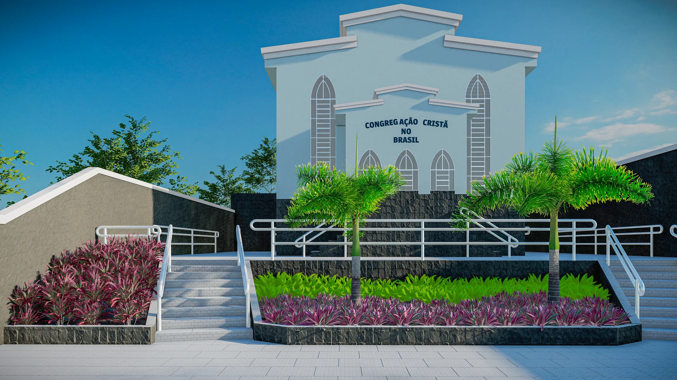 Fachada simétrica da igreja vista de frente, com palmeiras centrais, canteiros floridos e o conjunto de rampas e escadas que vence o desnível