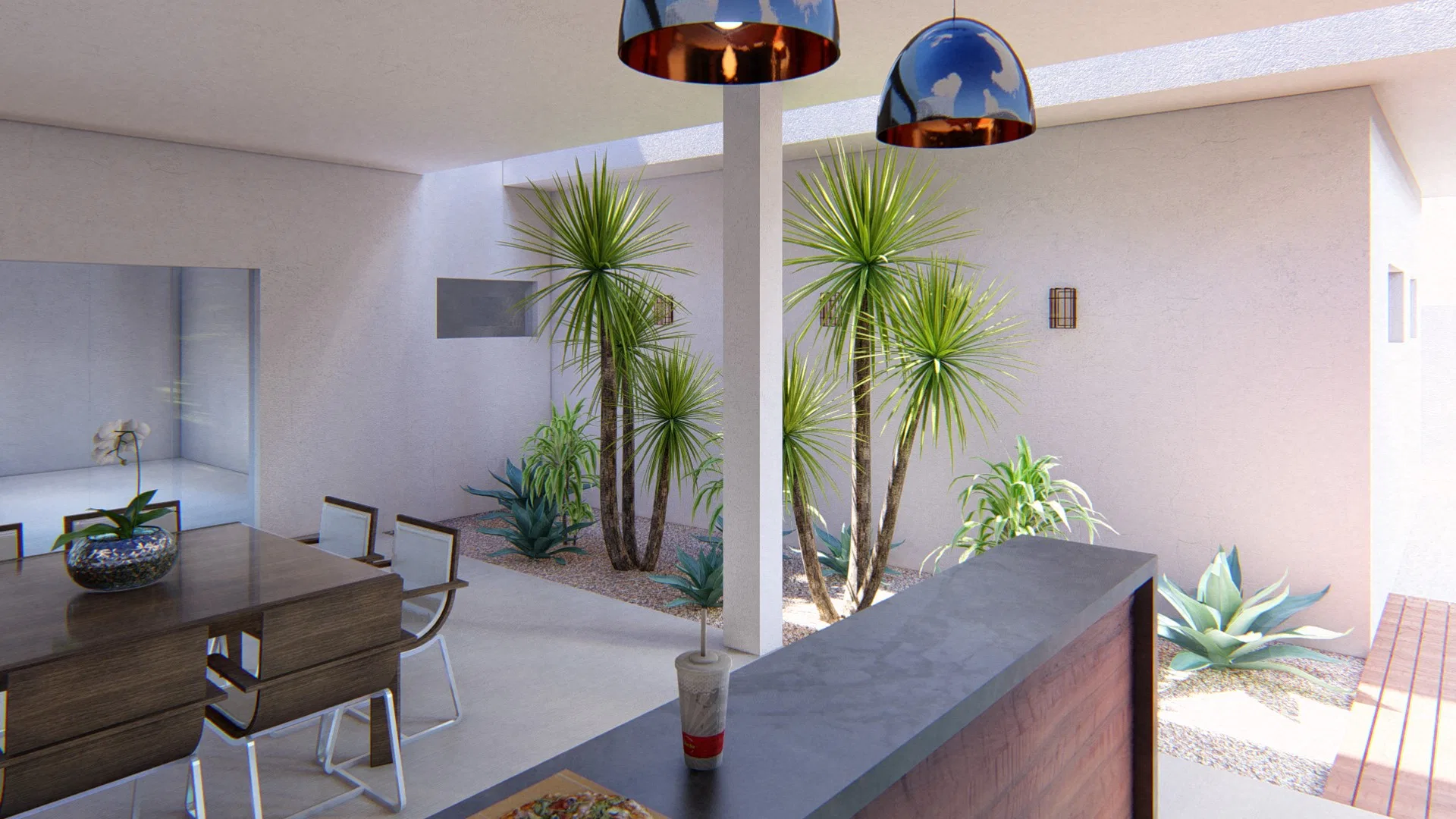 Sala de jantar com pendentes cobre e azul e bancada de pedra voltada ao jardim de seixos, onde dracenas e agaves crescem sob luz natural