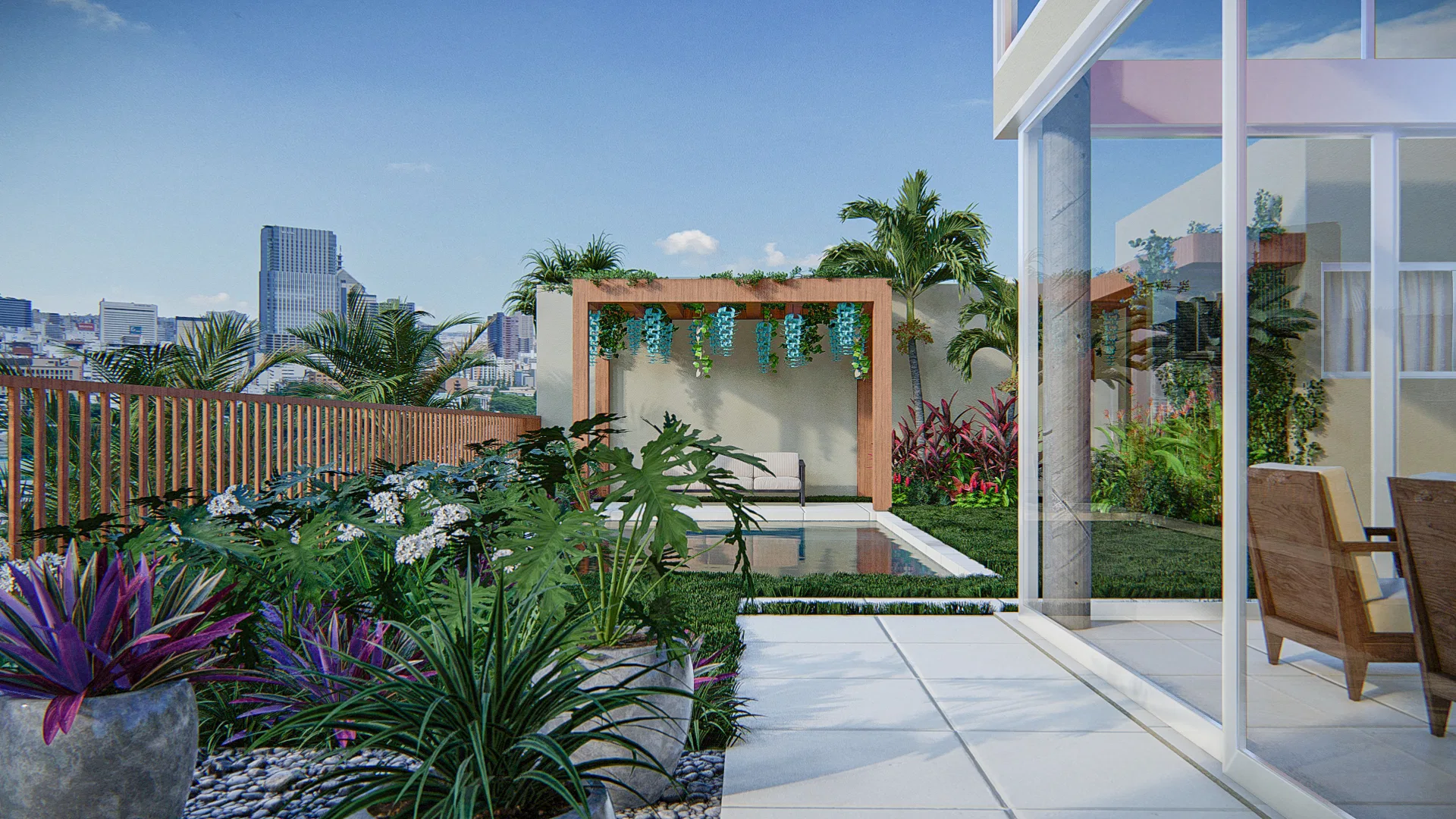 Terraço com piscina emoldurada por pérgola com trepadeiras penduradas, área de estar e vasos floridos, com vista para os prédios da cidade