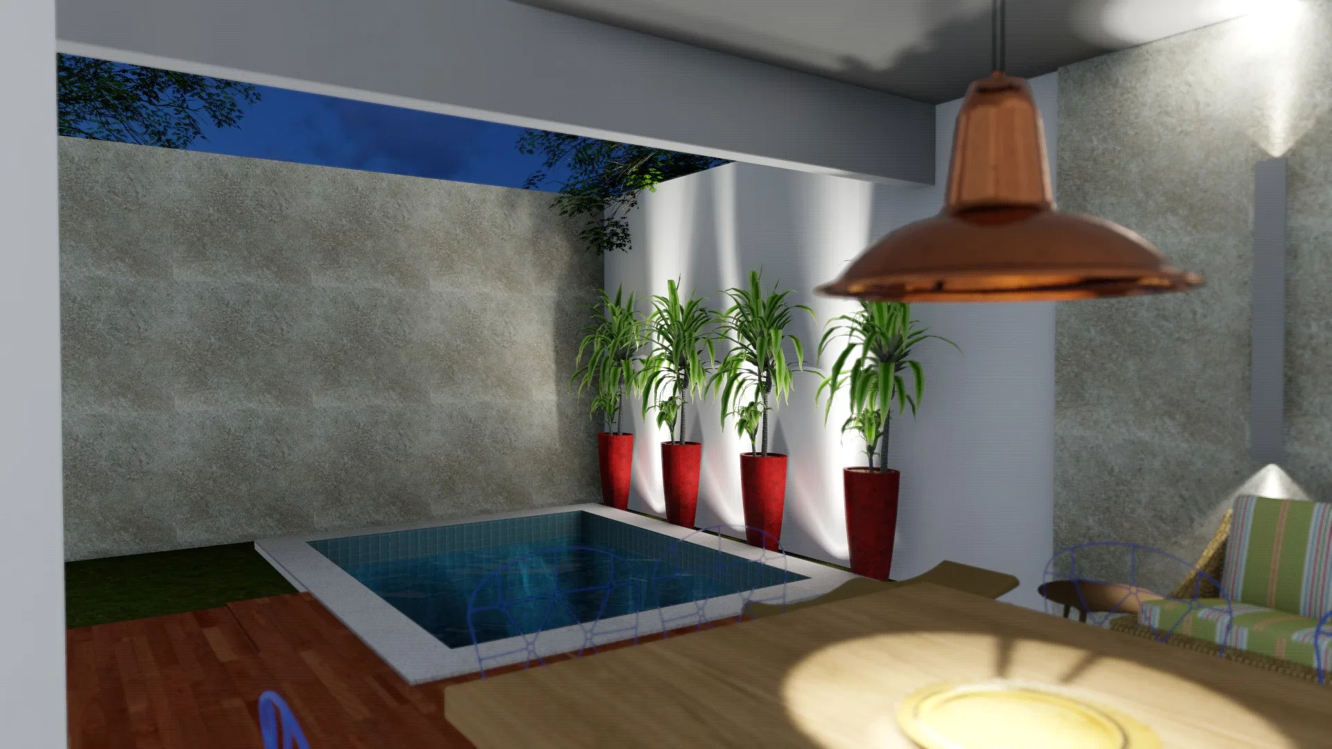 Banheira externa em nicho de concreto aparente, ladeada por vasos vermelhos com dracena e luminária pendente em cobre