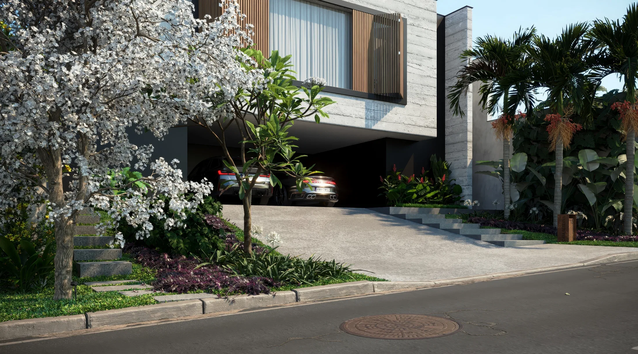 Vista detalhada de uma piscina retangular com borda infinita, cercada por paisagismo e um deck de madeira em uma área residencial. — GRON 3D