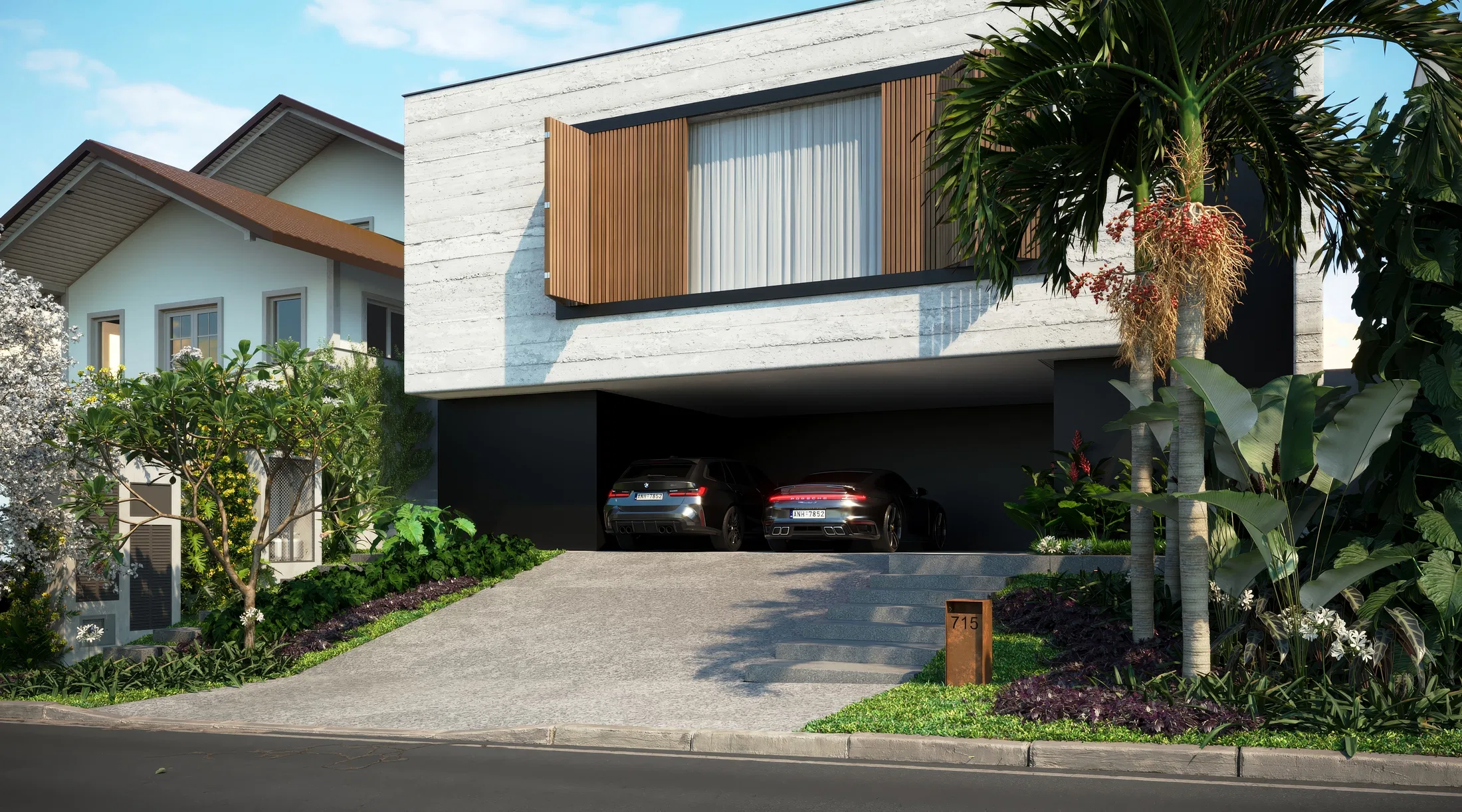 Perspectiva externa de uma casa com grandes janelas de vidro, conectando a área interna com o jardim e a piscina. — GRON 3D