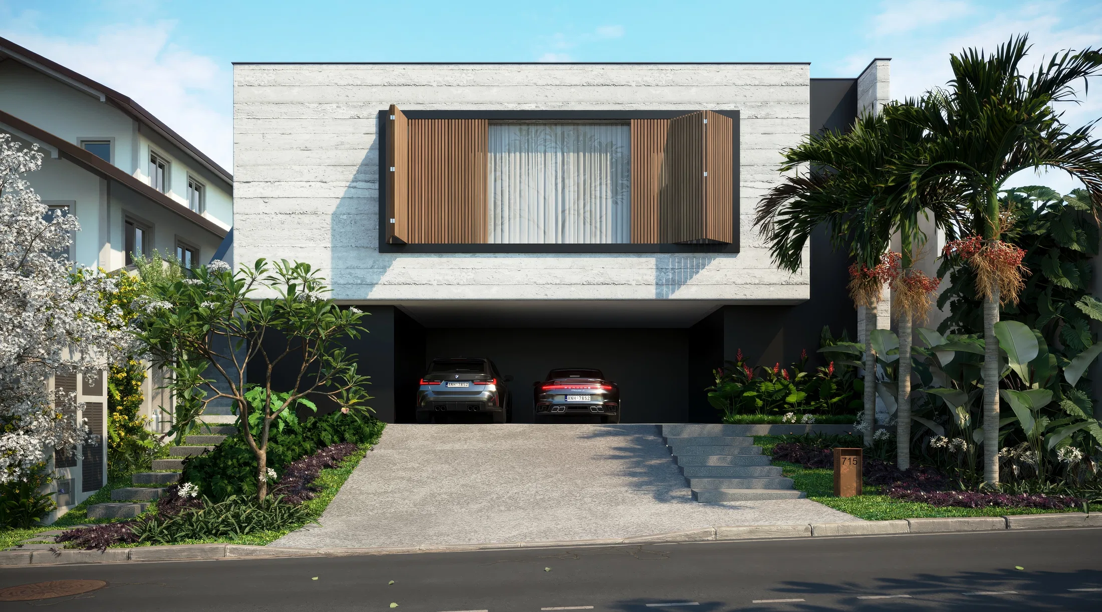 Render 3D da fachada principal de uma residência moderna com piscina ao ar livre e deck de madeira, sob luz solar. — GRON 3D